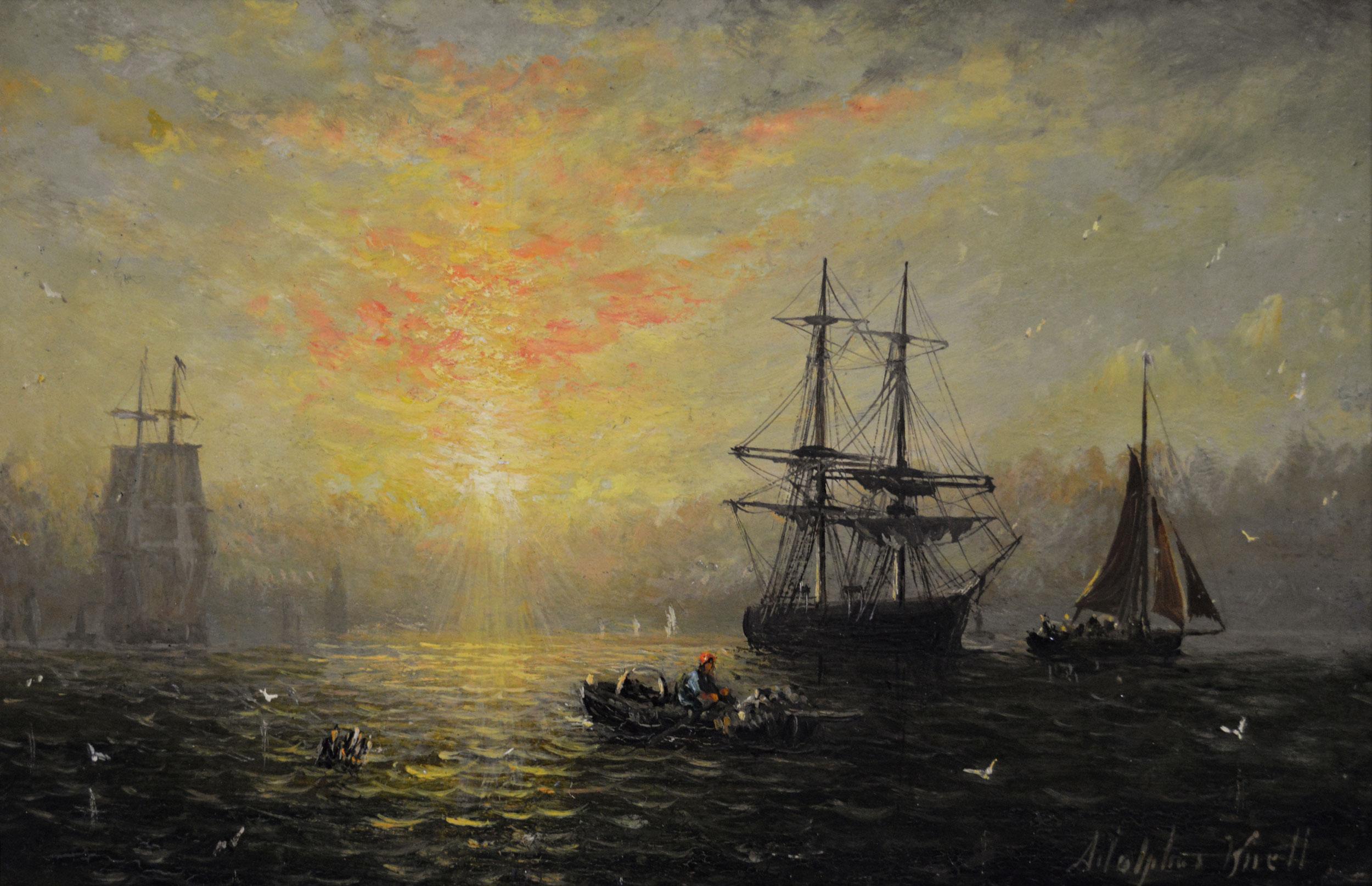 Pareja de óleos marinos del siglo XIX de barcos al amanecer y al atardecer en venta 1