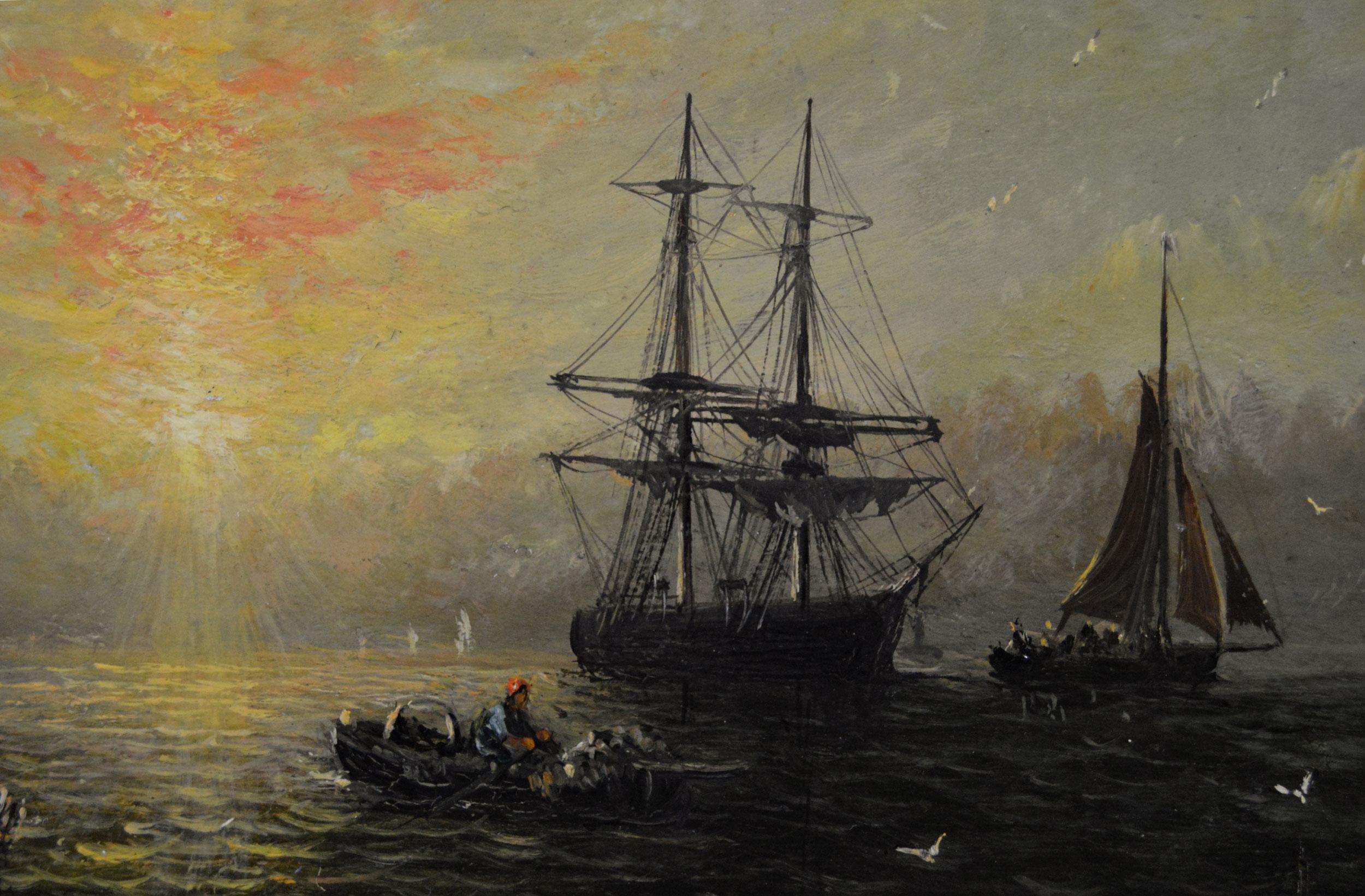 Pareja de óleos marinos del siglo XIX de barcos al amanecer y al atardecer en venta 2