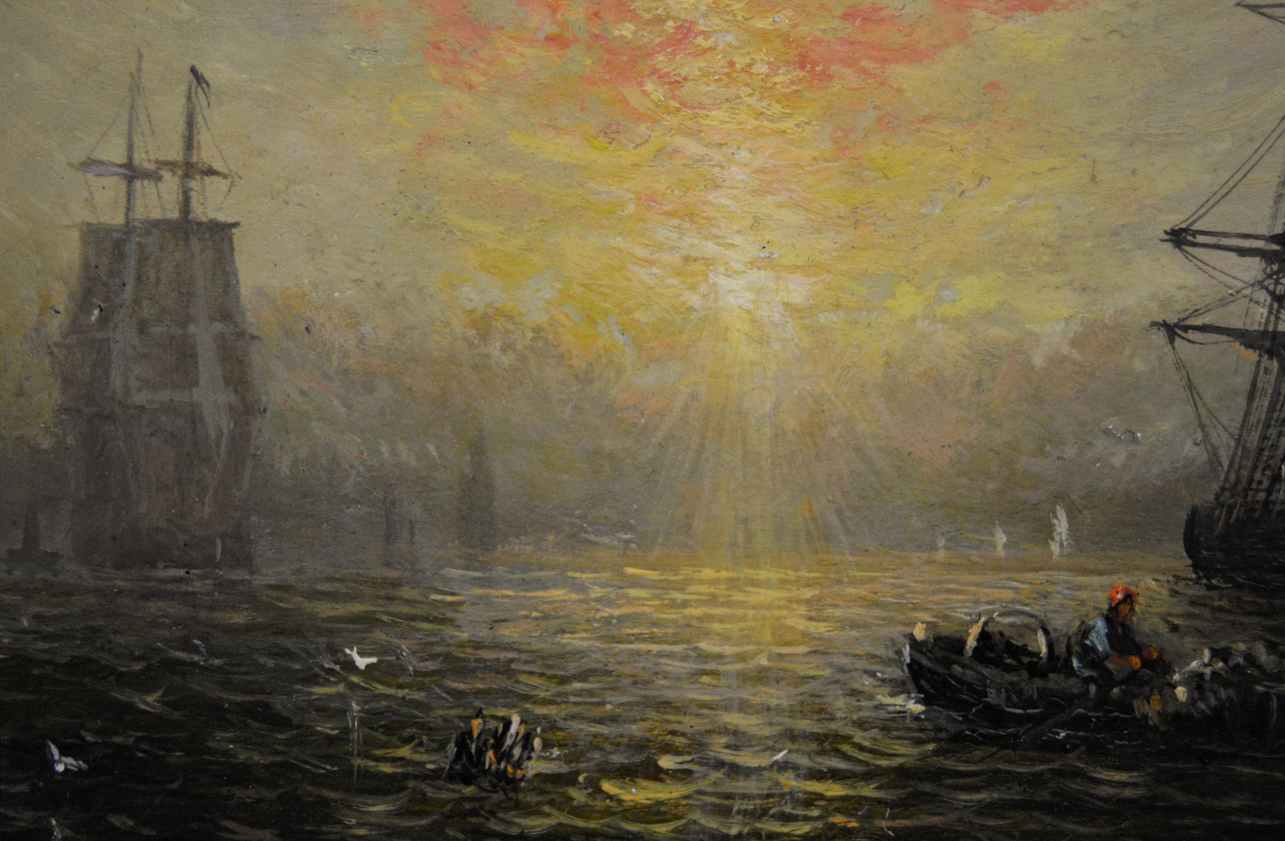Pareja de óleos marinos del siglo XIX de barcos al amanecer y al atardecer en venta 3