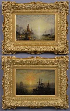 Pareja de óleos marinos del siglo XIX de barcos al amanecer y al atardecer