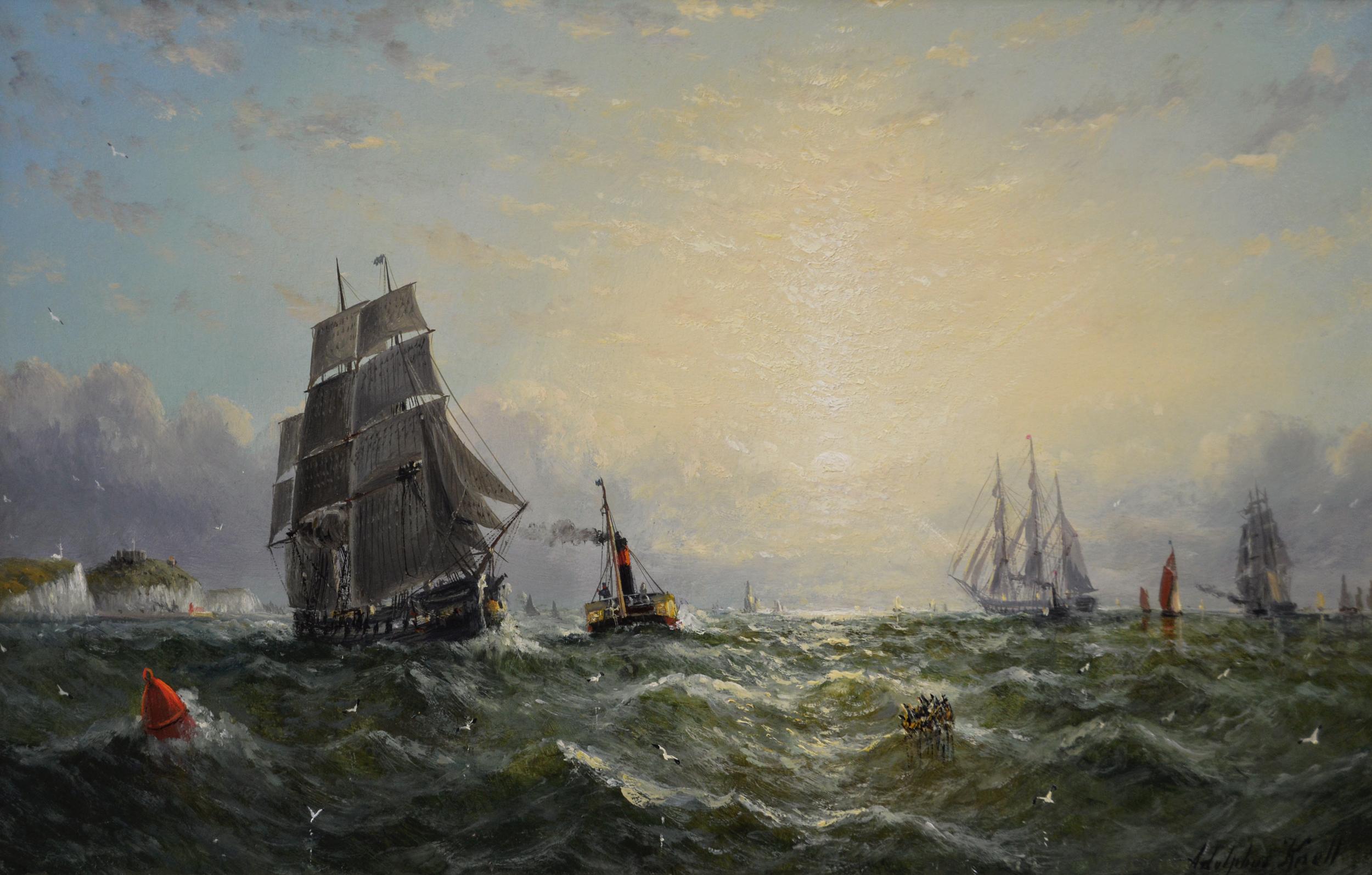 19th Century seascape oil painting of a steam boat & sailing ships off Dover - Painting by Adolphus Knell