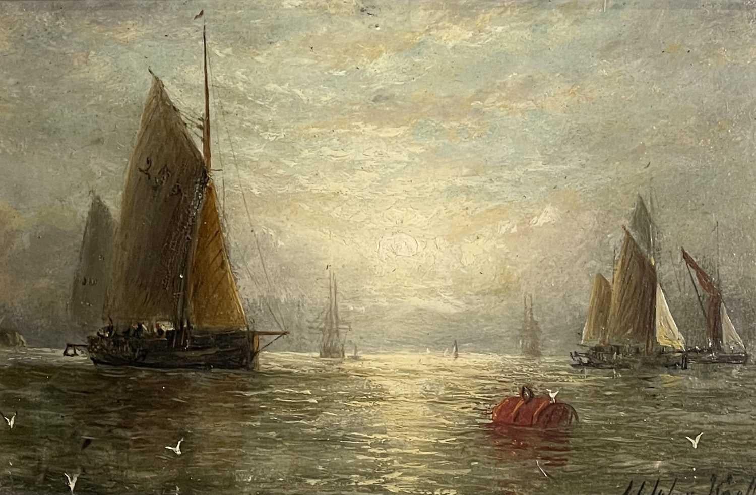 "19th Century Shipping at Sea at  Sunrise" small Oil Painting0 - Art by Adolphus Knell