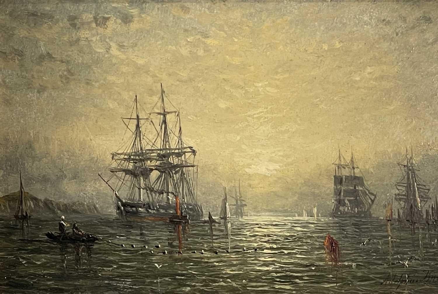 Adolphus Knell Landscape Painting - "19th Century Shipping off the Coast at Sunset" small Oil Painting