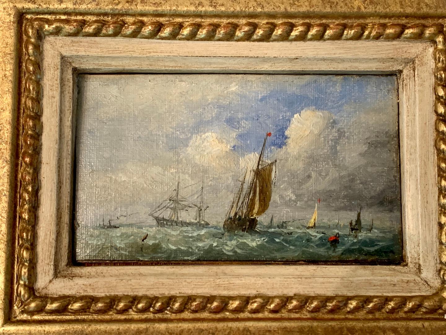 Antique Victorian 19th century English oil, Fishing boat at Sea in a Sunny Day - Painting by Adolphus Knell