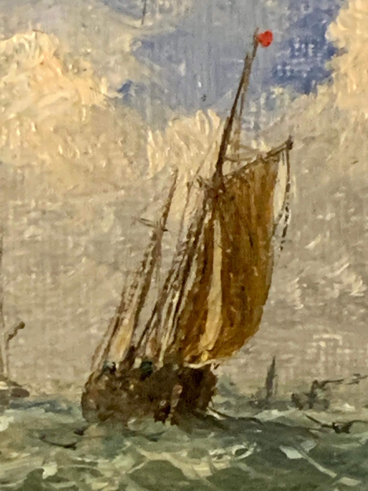 Antique Victorian/Imprerssionist 19th century English oil, Fishing boat at sea, on a Sunny Day

One from a set of nine all painted at the same time and all from the same private collection.

 Knell was a superb painter of marine subjects during the
