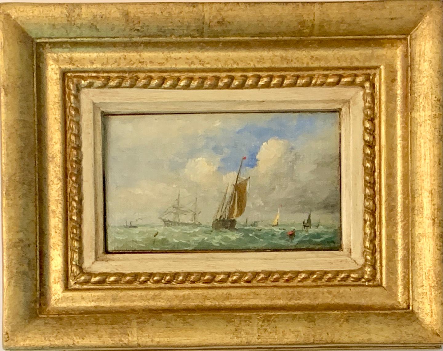 Adolphus Knell Figurative Painting - Antique Victorian 19th century English oil, Fishing boat at Sea in a Sunny Day