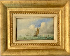 Antique Victorian 19th century English oil, Fishing boat at Sea in a Sunny Day