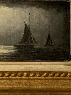 Antique Victorian 19th century English oil Fishing boat in Moon light