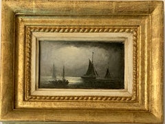 Antique Victorian 19th century English oil Fishing boat in Moon light