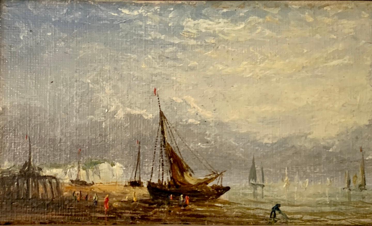 Antique Victorian, Impressionist 19th century English oil, Fishings boat at Sea - Painting by Adolphus Knell