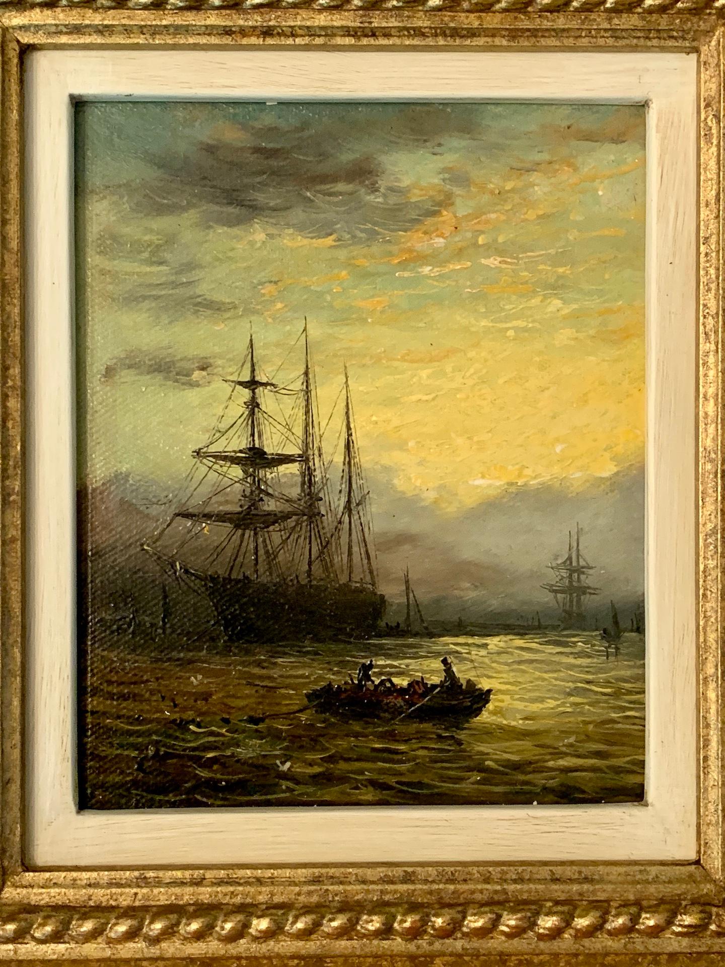 Antique Victorian, Impressionist 19th century English oil, Fishings boat at Sea - Painting by Adolphus Knell