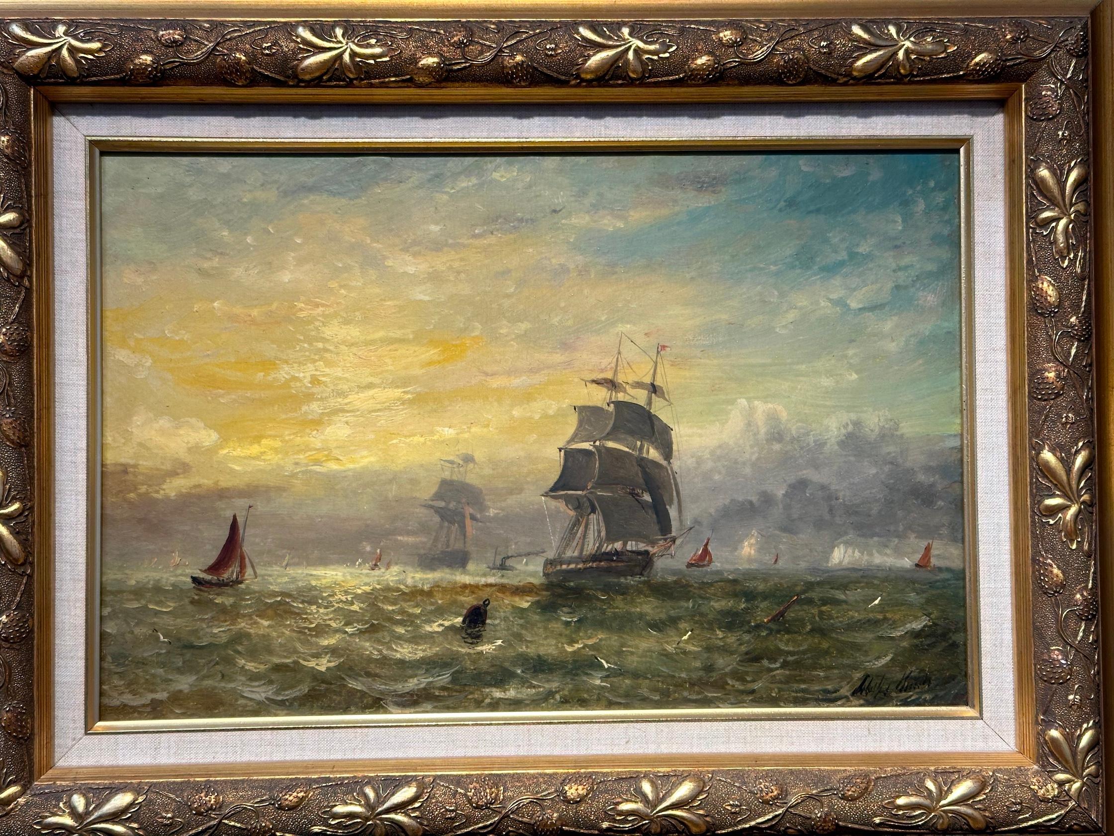 Antique Victorian, Impressionist 19th century English oil, Fishings boat at Sea - Painting by Adolphus Knell