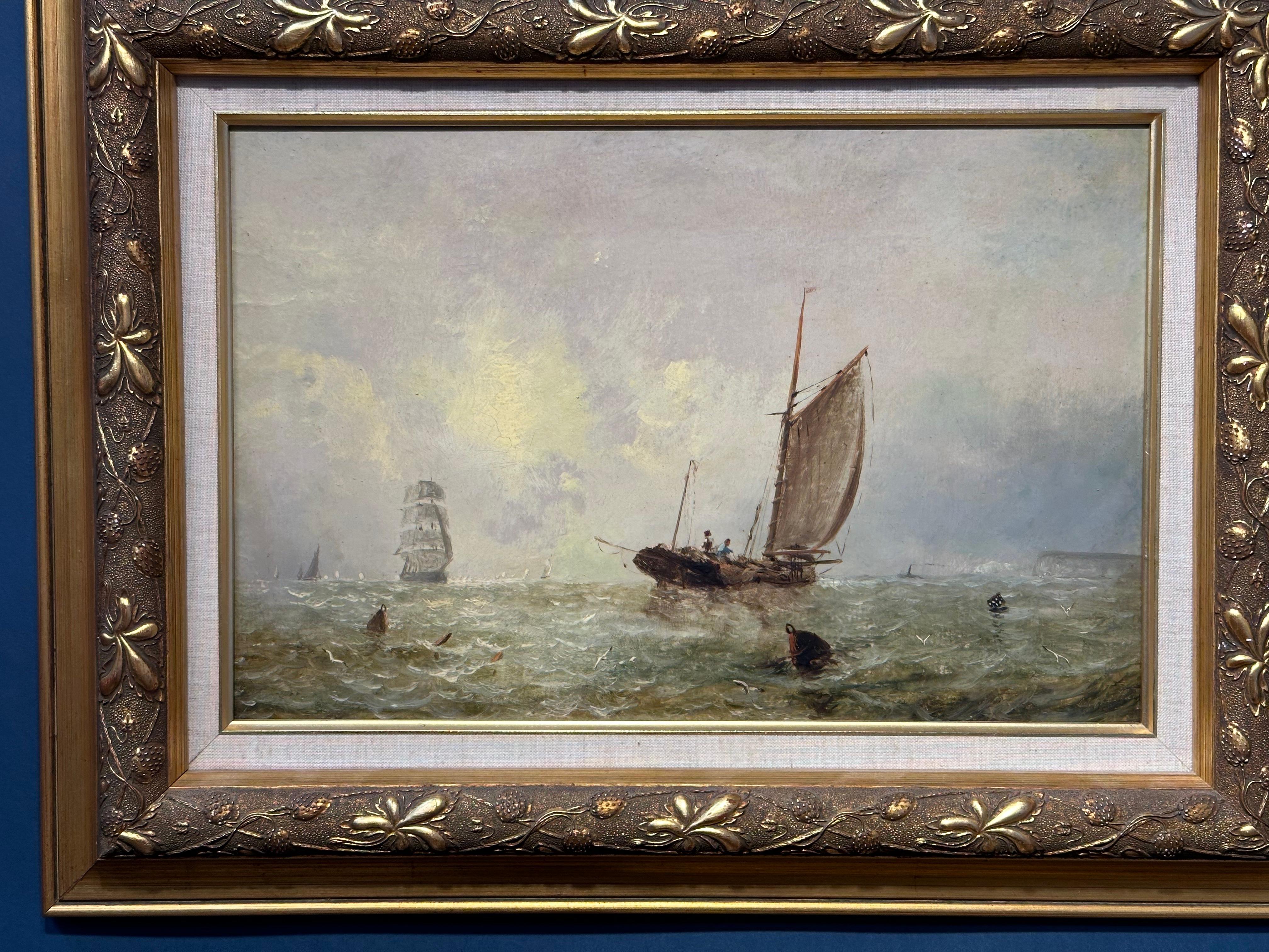 Antique Victorian, Impressionist 19th century English oil, Fishings boat at Sea.
Adolphus Knell was a superb painter of marine subjects during the middle of the 19th century. His work is collected all over the world and many are in important