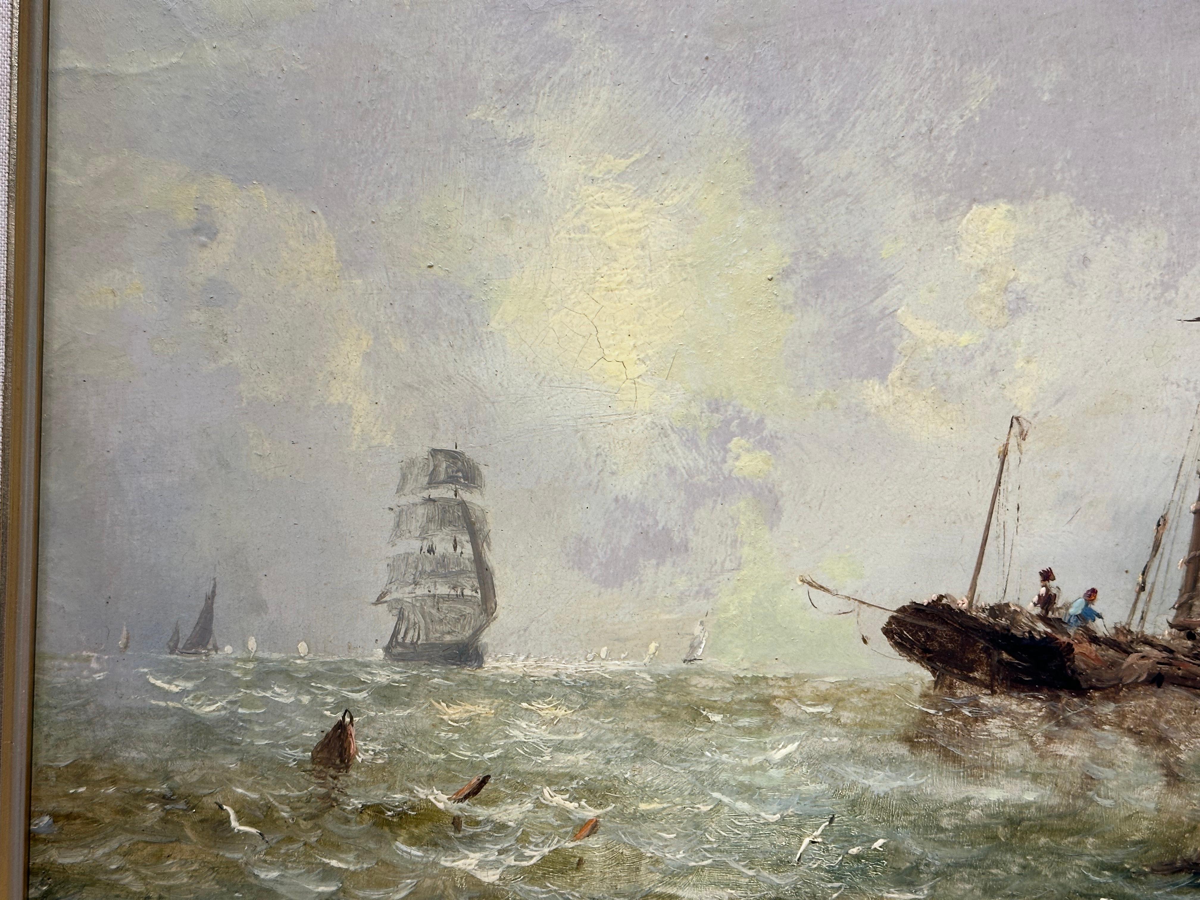Antique Victorian, Impressionist 19th century English oil, Fishings boat at Sea For Sale 1