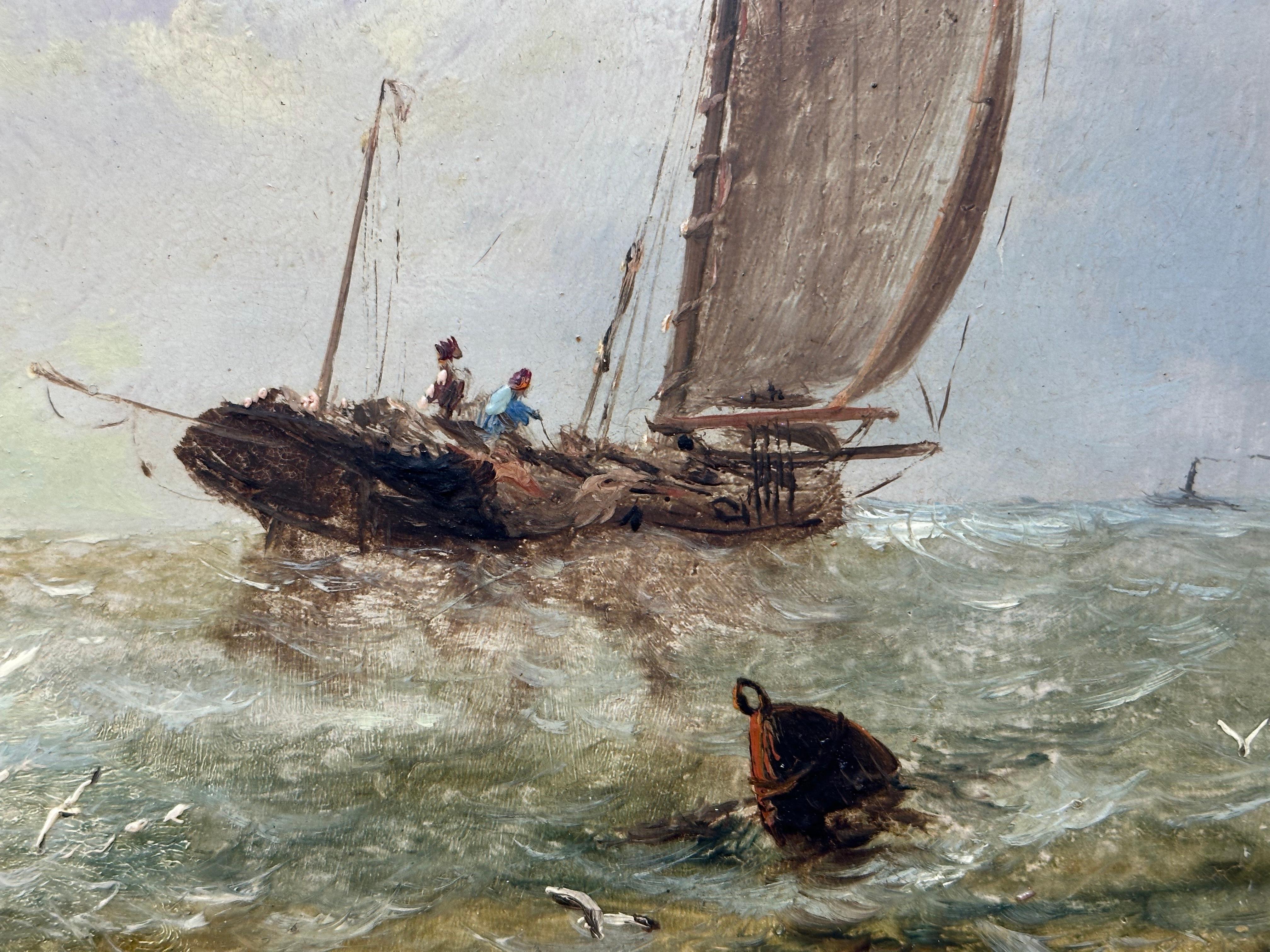 Antique Victorian, Impressionist 19th century English oil, Fishings boat at Sea For Sale 2