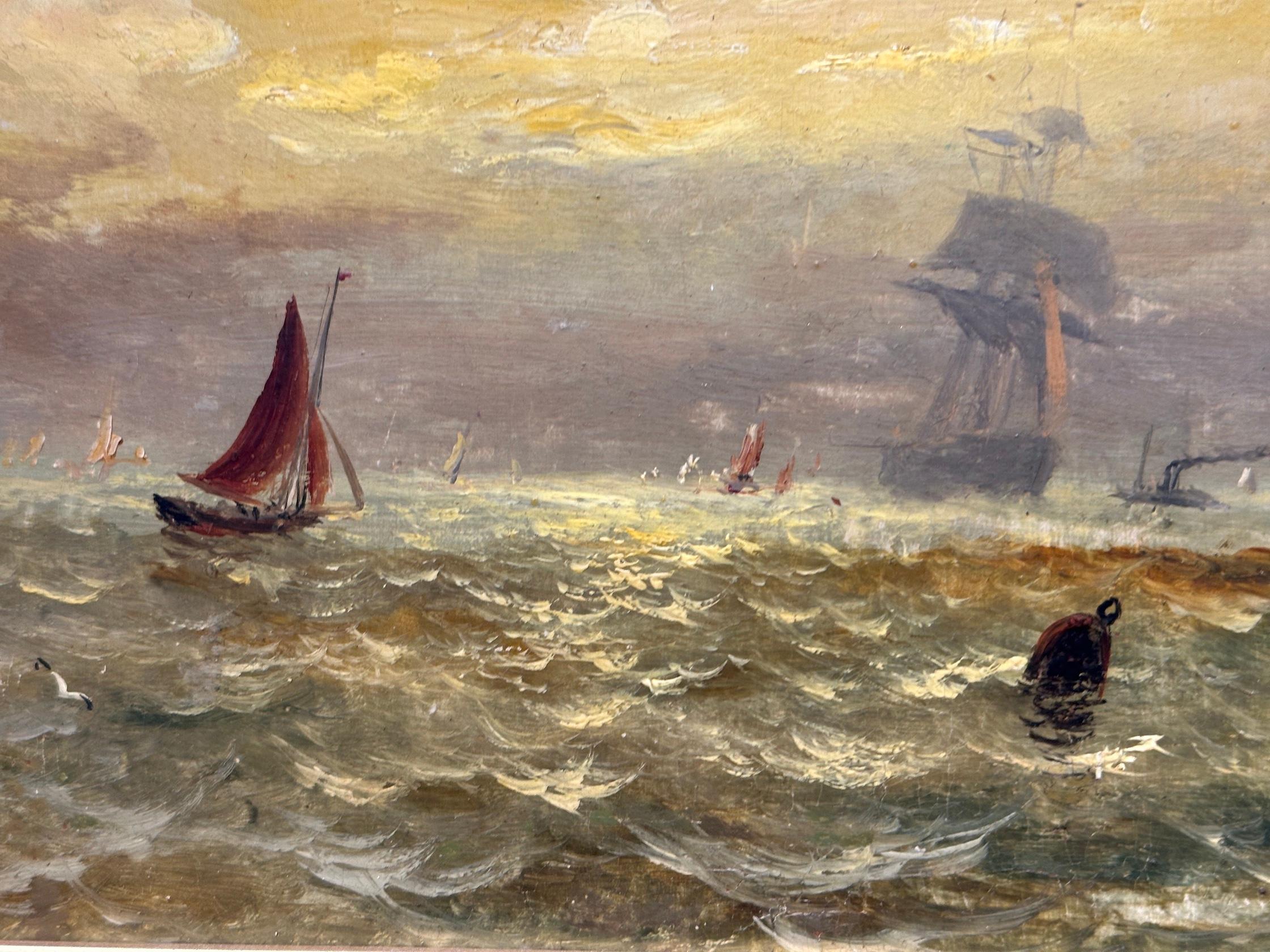 Antique Victorian, Impressionist 19th century English oil, Fishings boat at Sea For Sale 3