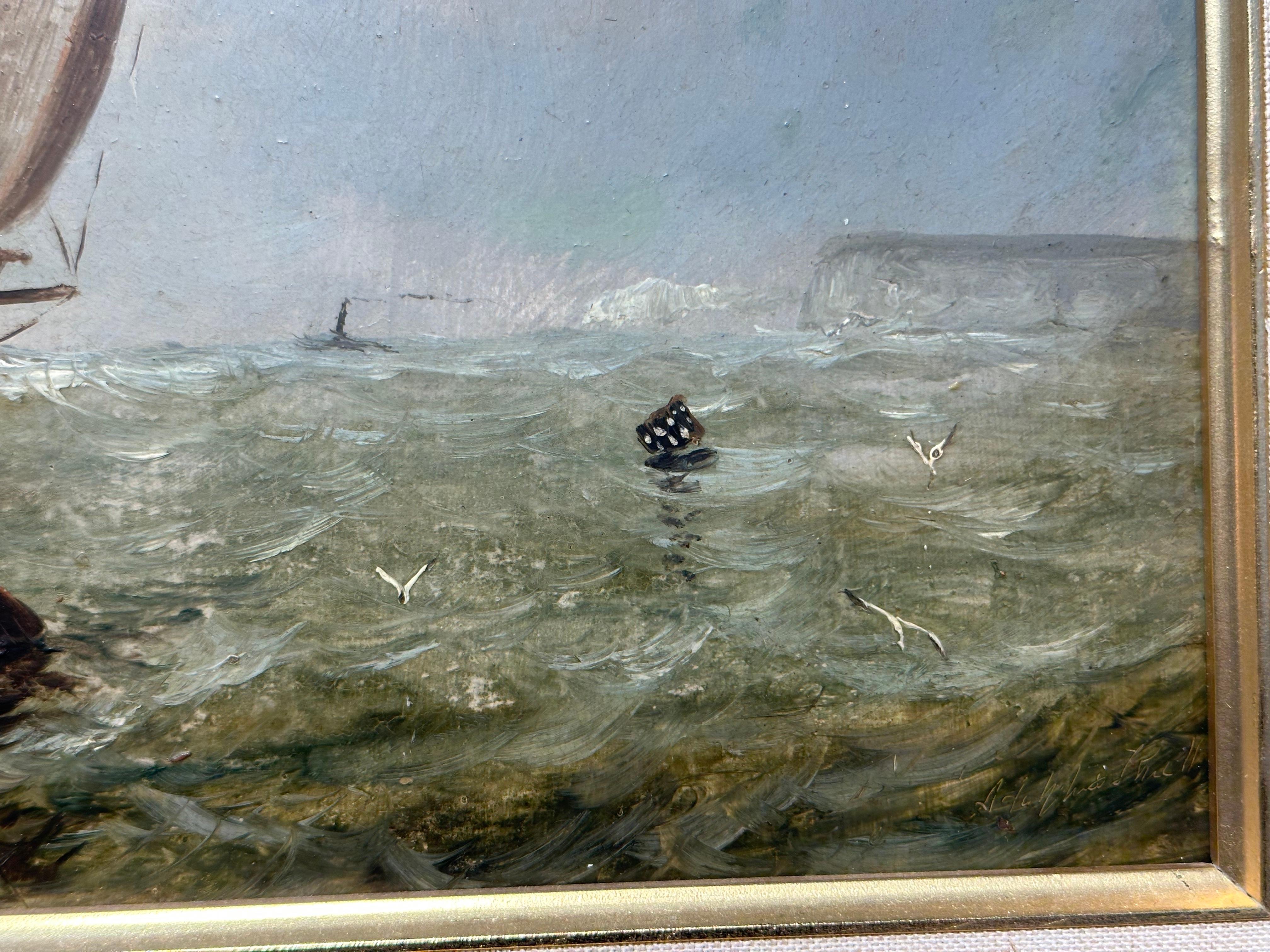Antique Victorian, Impressionist 19th century English oil, Fishings boat at Sea For Sale 2
