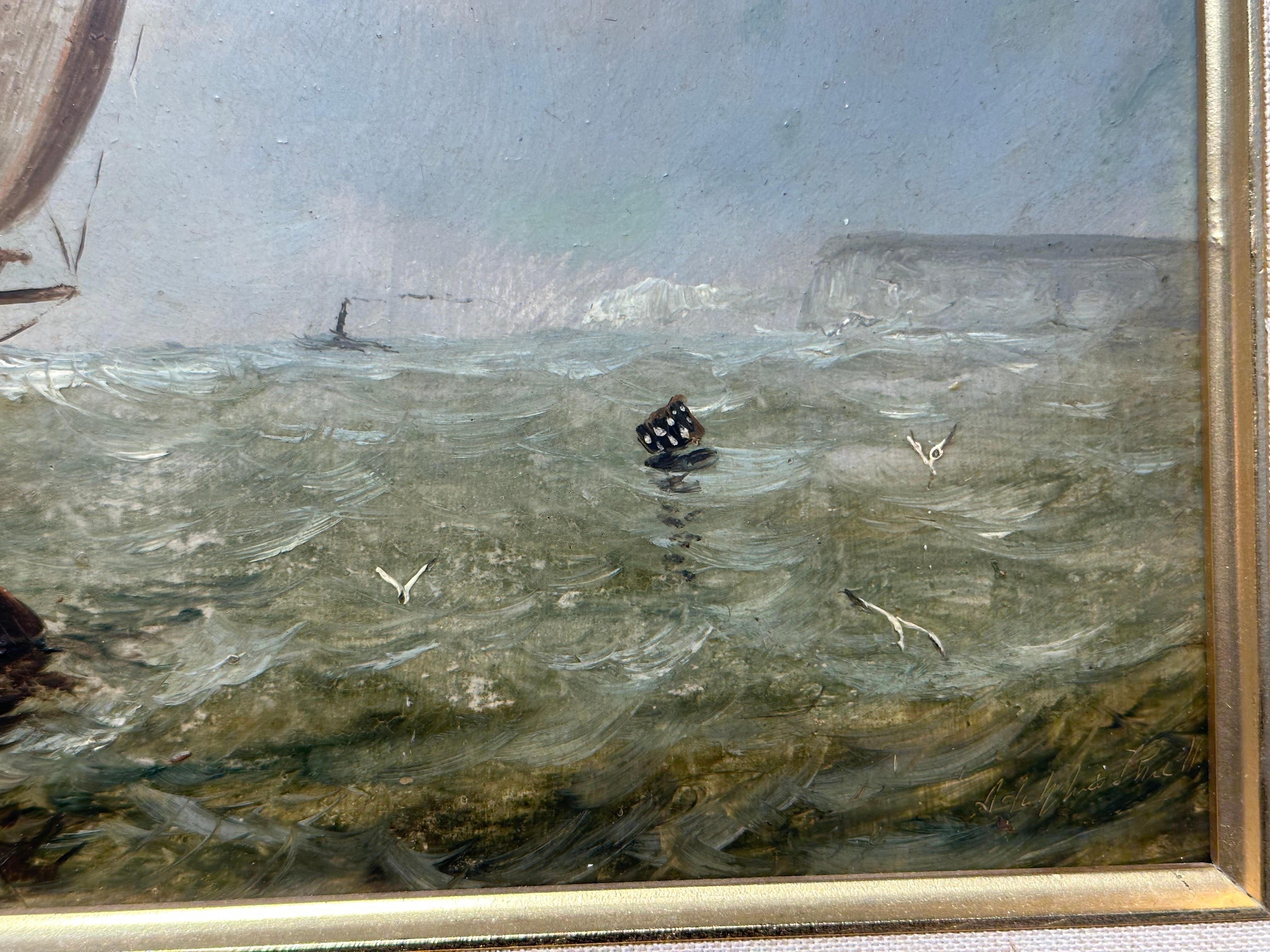 Antique Victorian, Impressionist 19th century English oil, Fishings boat at Sea For Sale 3