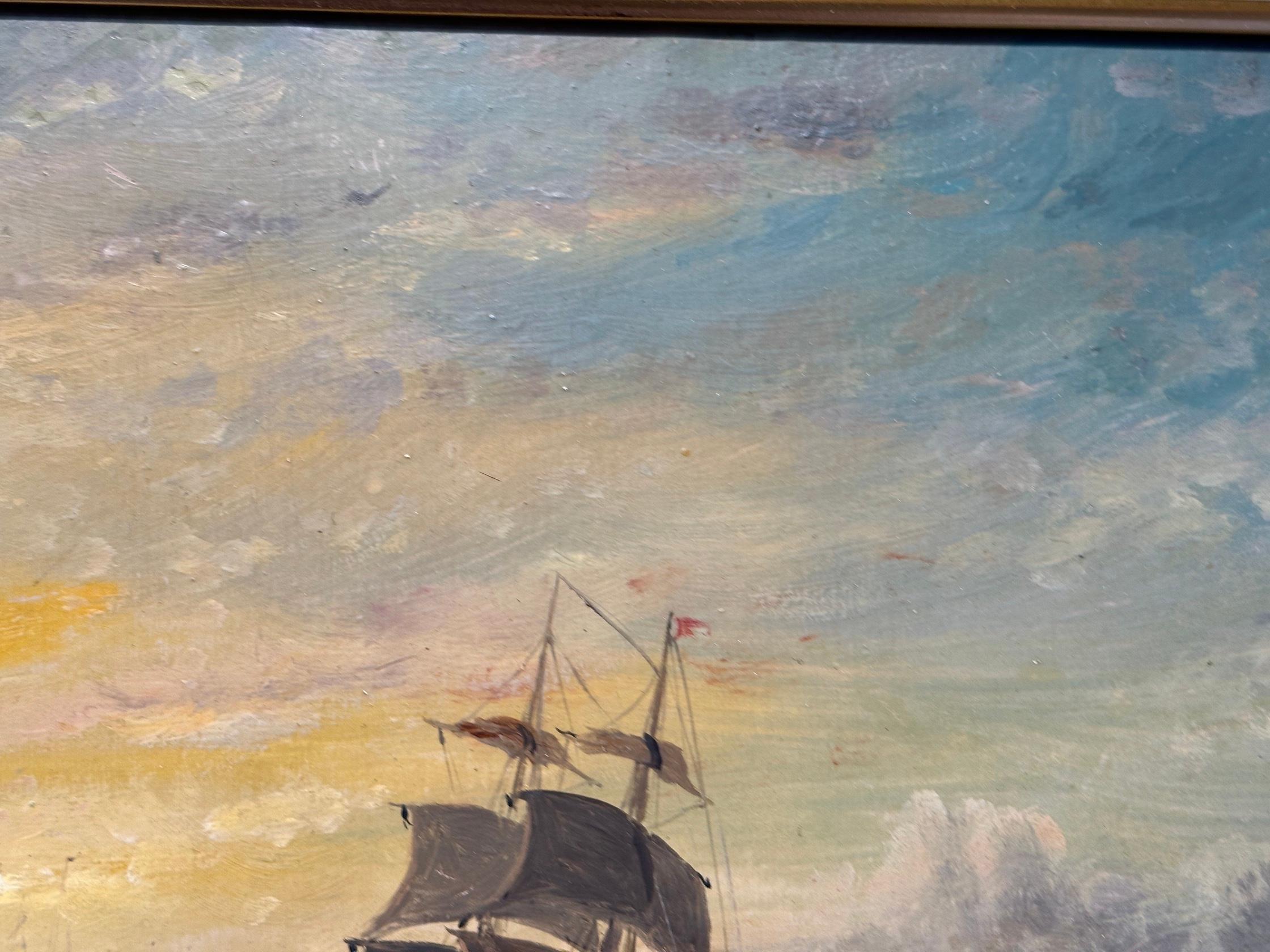 Antique Victorian, Impressionist 19th century English oil, Fishings boat at Sea For Sale 4