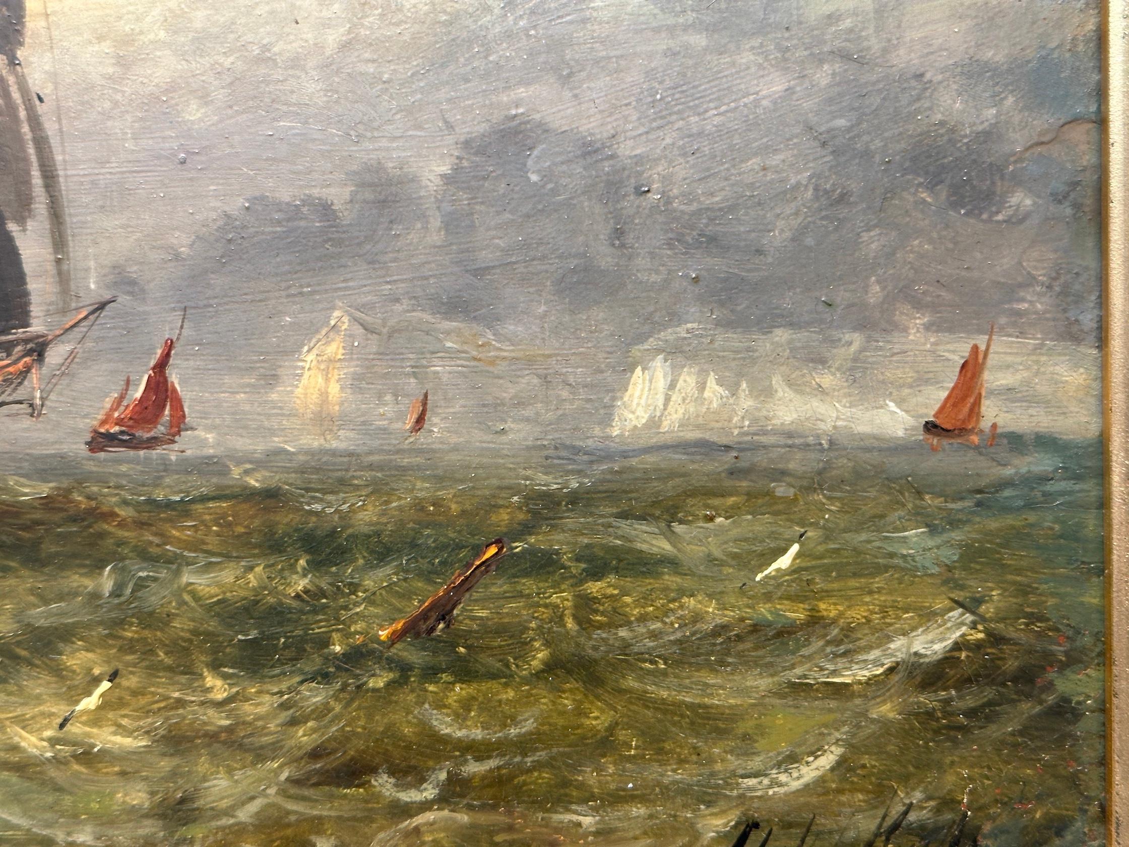 Antique Victorian, Impressionist 19th century English oil, Fishings boat at Sea For Sale 5