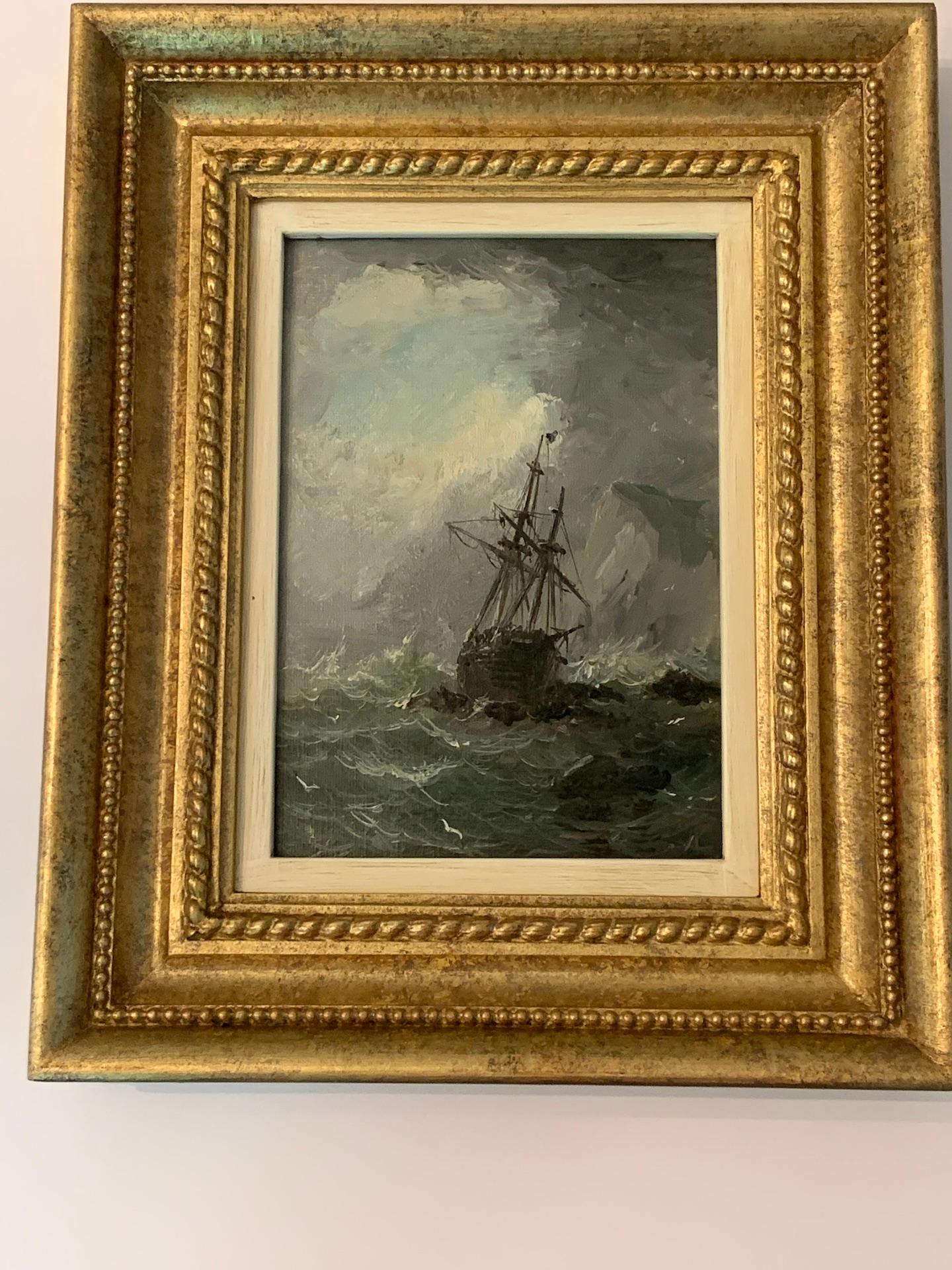 Adolphus Knell Landscape Painting - Antique Victorian, Impressionist 19th century English oil, Fishings boat at Sea