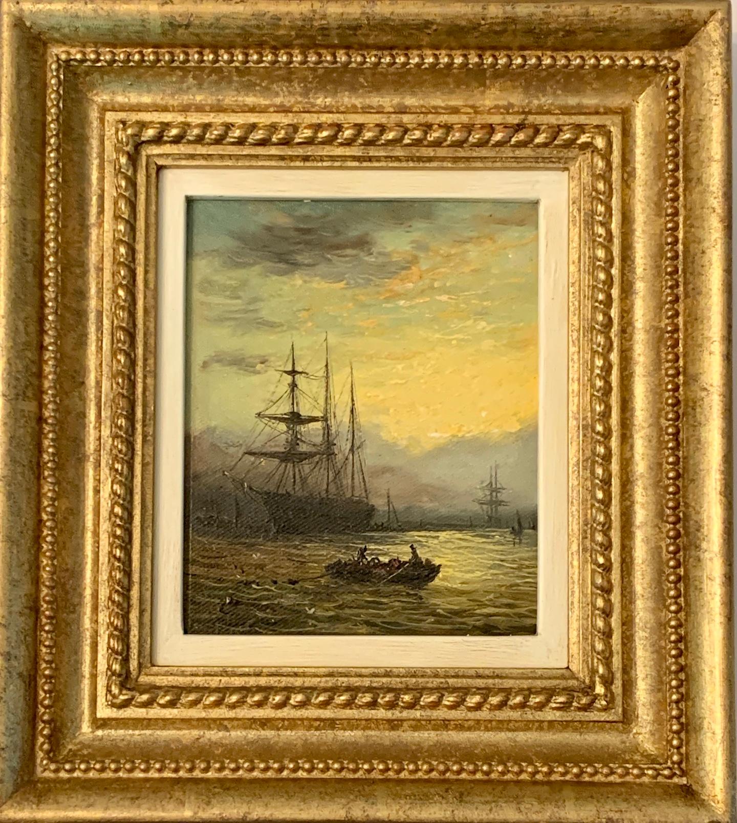 Adolphus Knell Landscape Painting - Antique Victorian, Impressionist 19th century English oil, Fishings boat at Sea