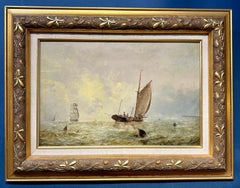 Antiguo óleo victoriano, impresionista inglés del siglo XIX, Barco de pesca en el mar