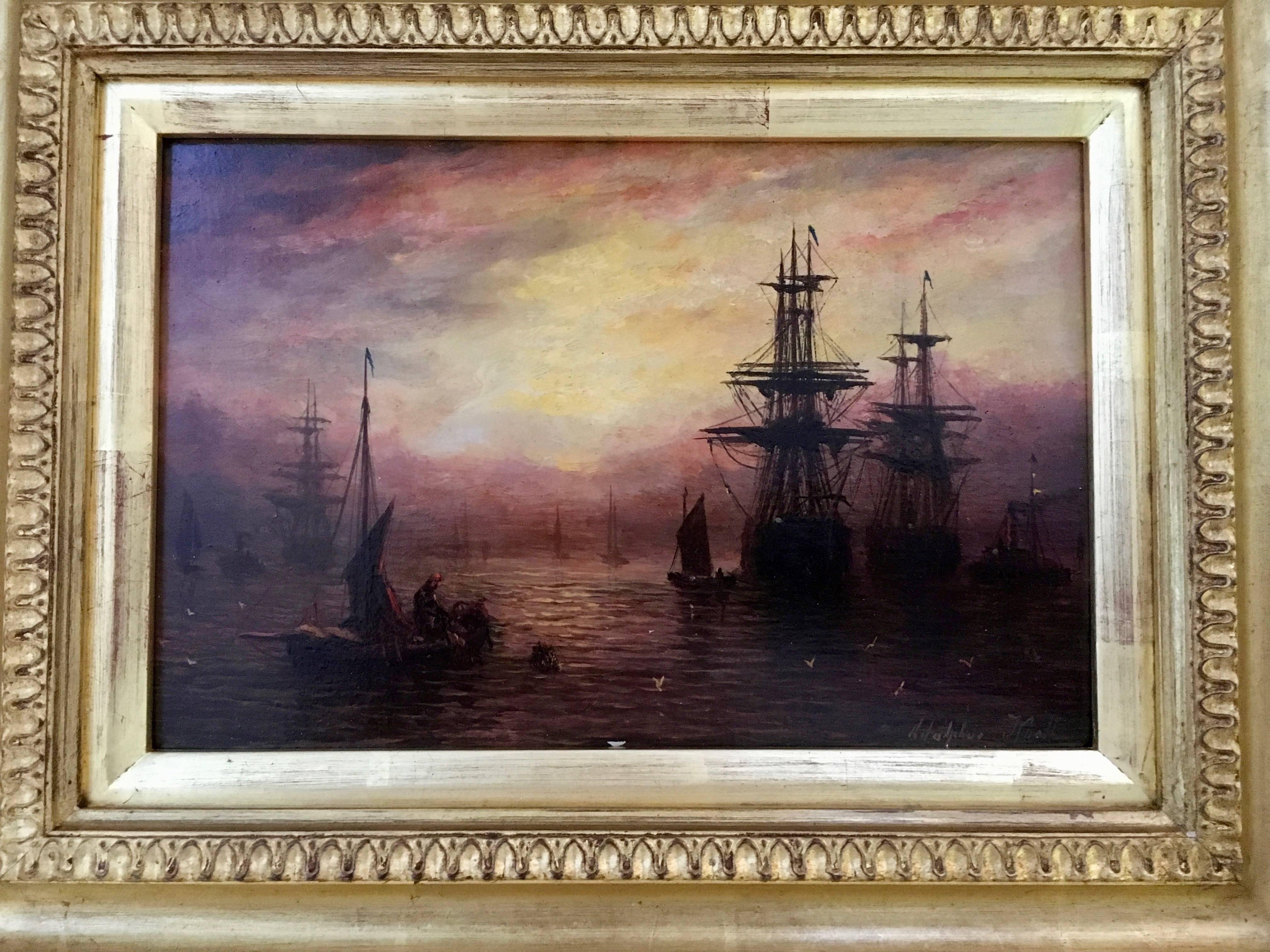 English marine scene during early evening with the Sun setting - Victorian Painting by Adolphus Knell