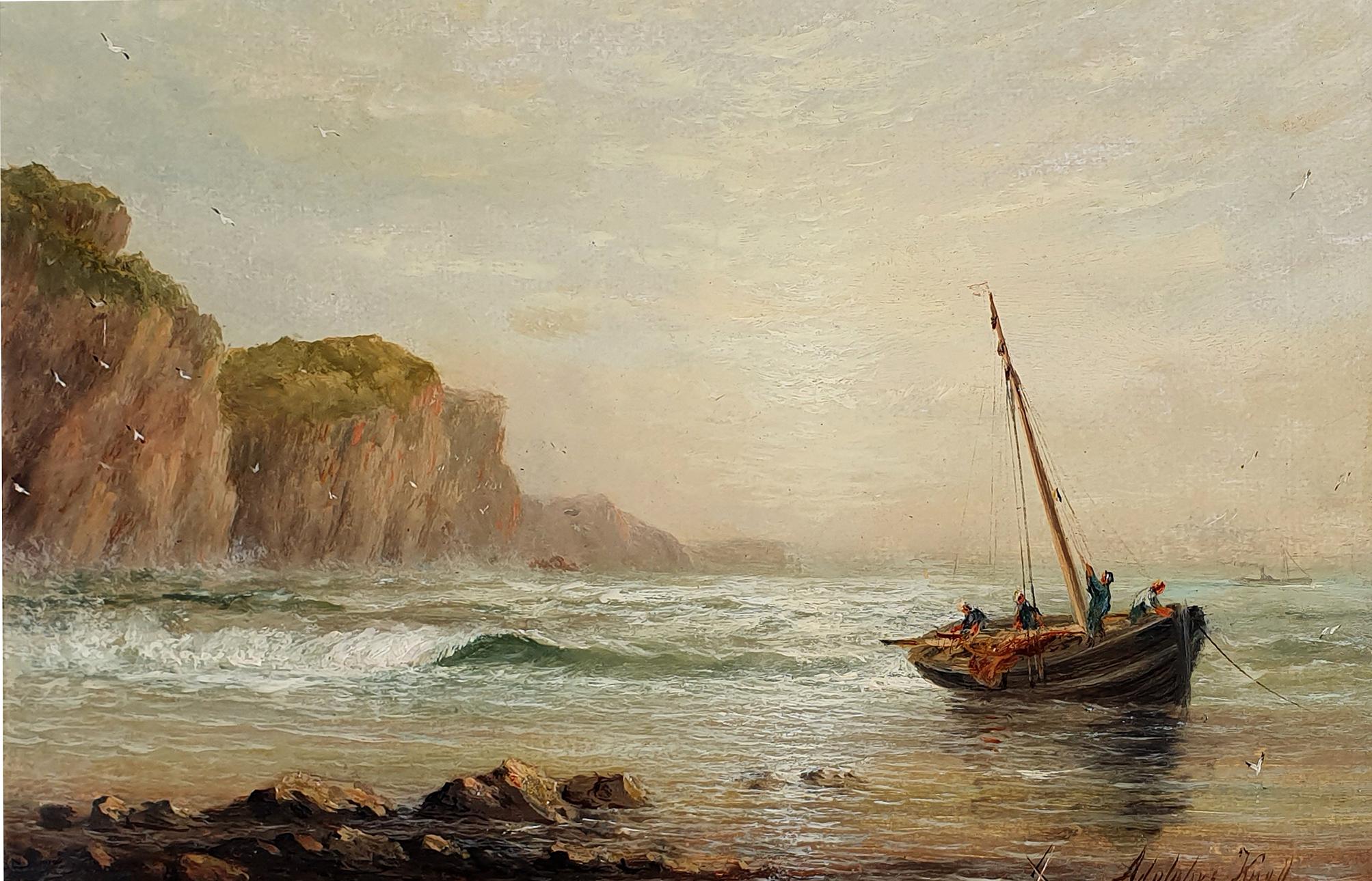 Fishing Boats on The Shore & Shipping off The Coast (Pair) - Painting by Adolphus Knell