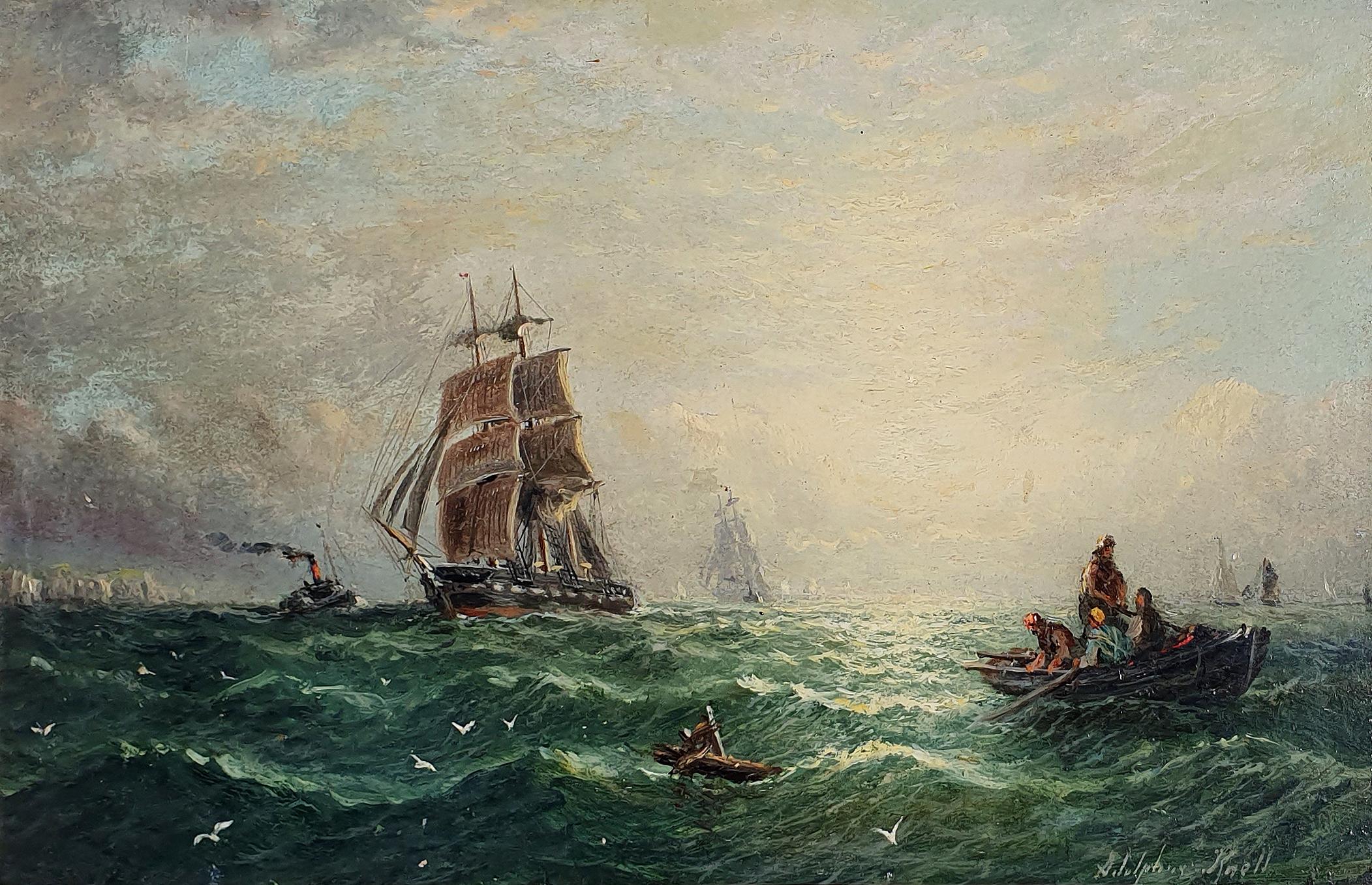 Adolphus Knell Landscape Painting - Fishing Boats on The Shore & Shipping off The Coast (Pair)