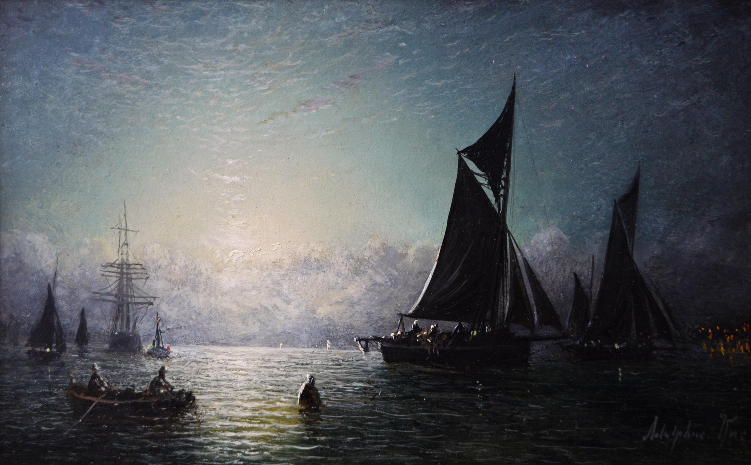 Pair of 19th Century moonlight seascape oil paintings of fishing boats  - Painting by Adolphus Knell
