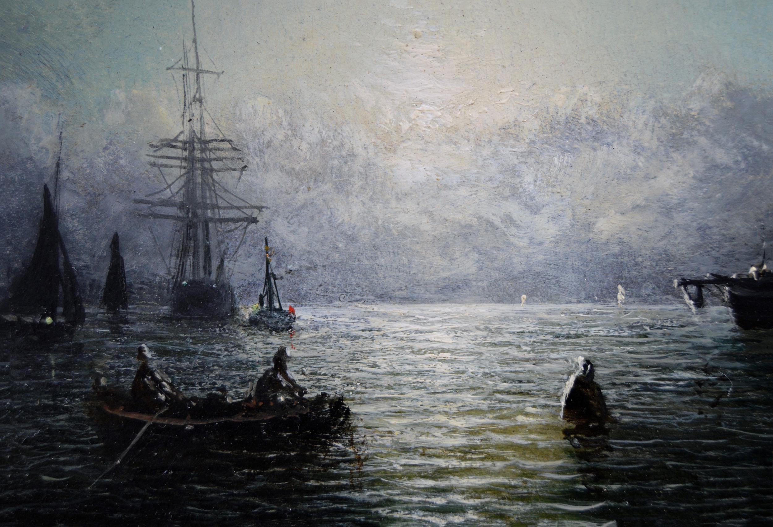 Pair of 19th Century moonlight seascape oil paintings of fishing boats  - Victorian Painting by Adolphus Knell