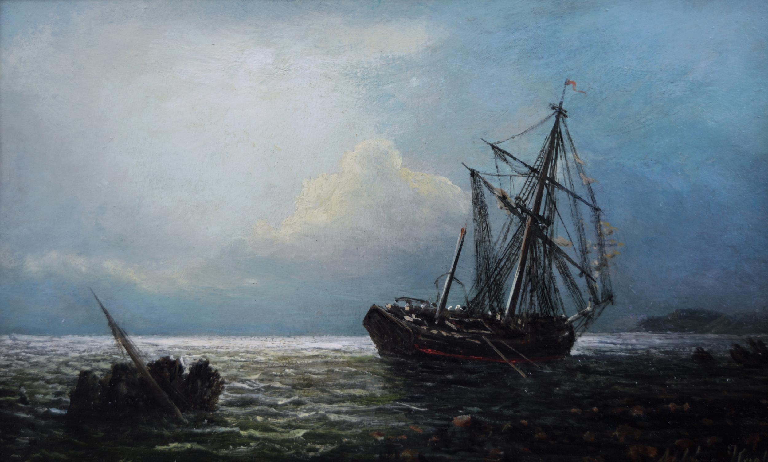 Pair of 19th Century moonlight seascape oil paintings of fishing boats  1