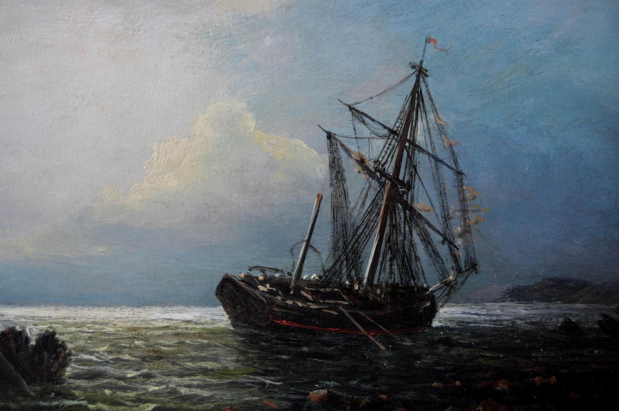 Pair of 19th Century moonlight seascape oil paintings of fishing boats  2