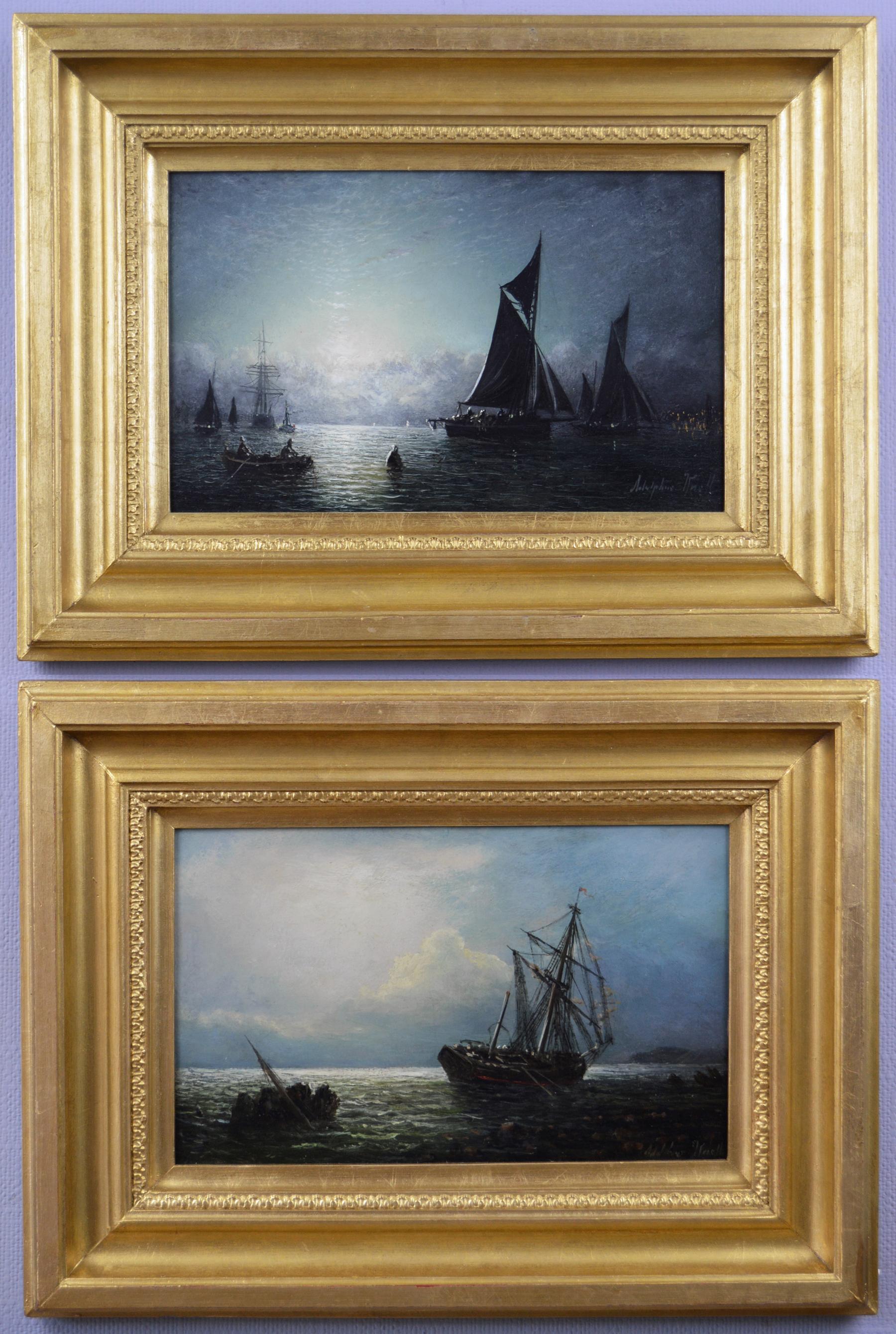 Adolphus Knell Landscape Painting - Pair of 19th Century moonlight seascape oil paintings of fishing boats 