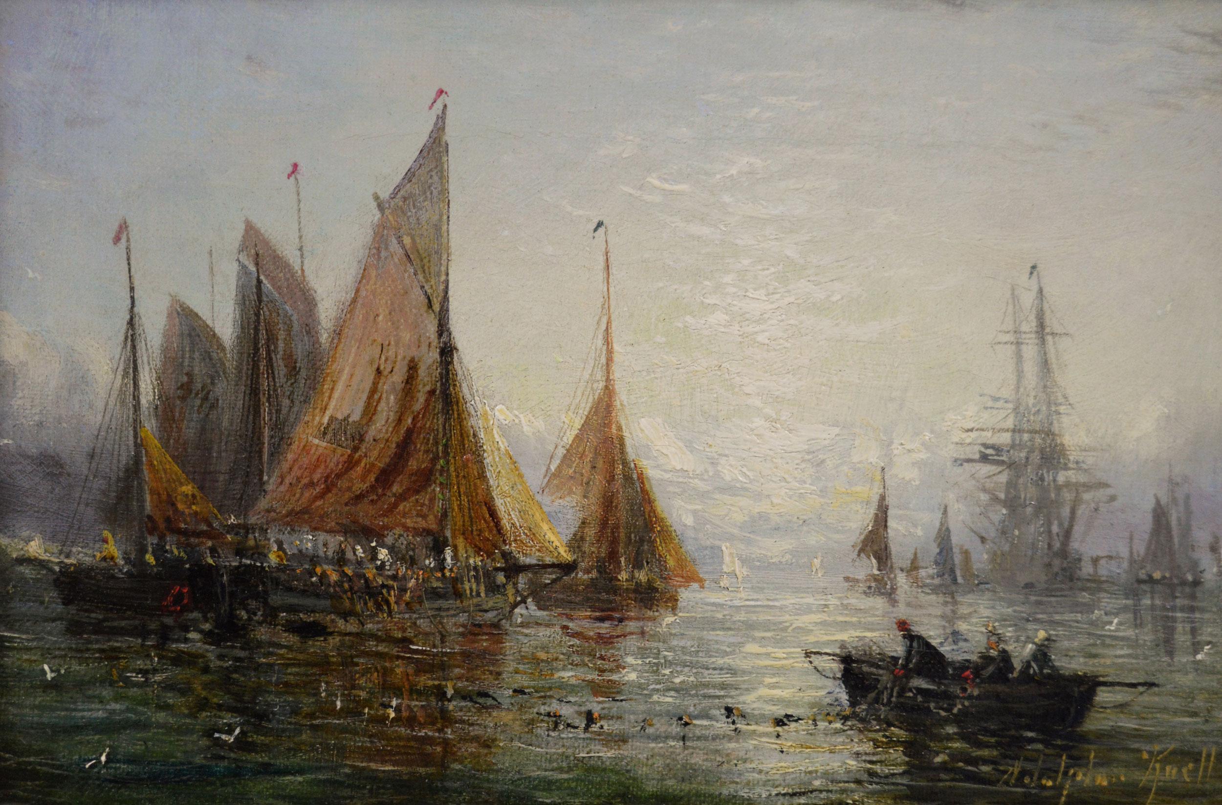 Paar Meereslandschafts-Ölgemälde des 19. Jahrhunderts mit Schiffen an Anker  – Painting von Adolphus Knell