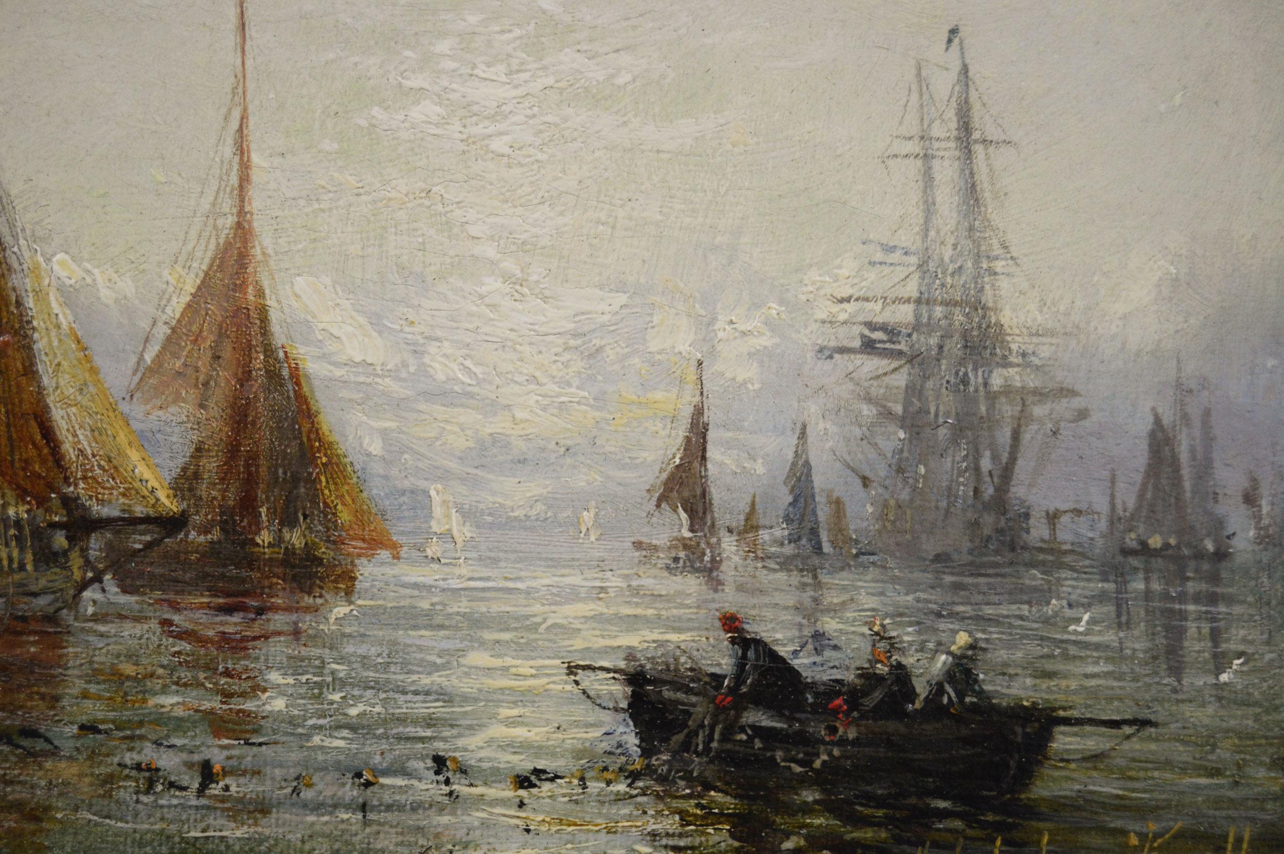 Pareja de óleos marinos del siglo XIX de barcos fondeados - Landscape Painting Marrón de Adolphus Knell