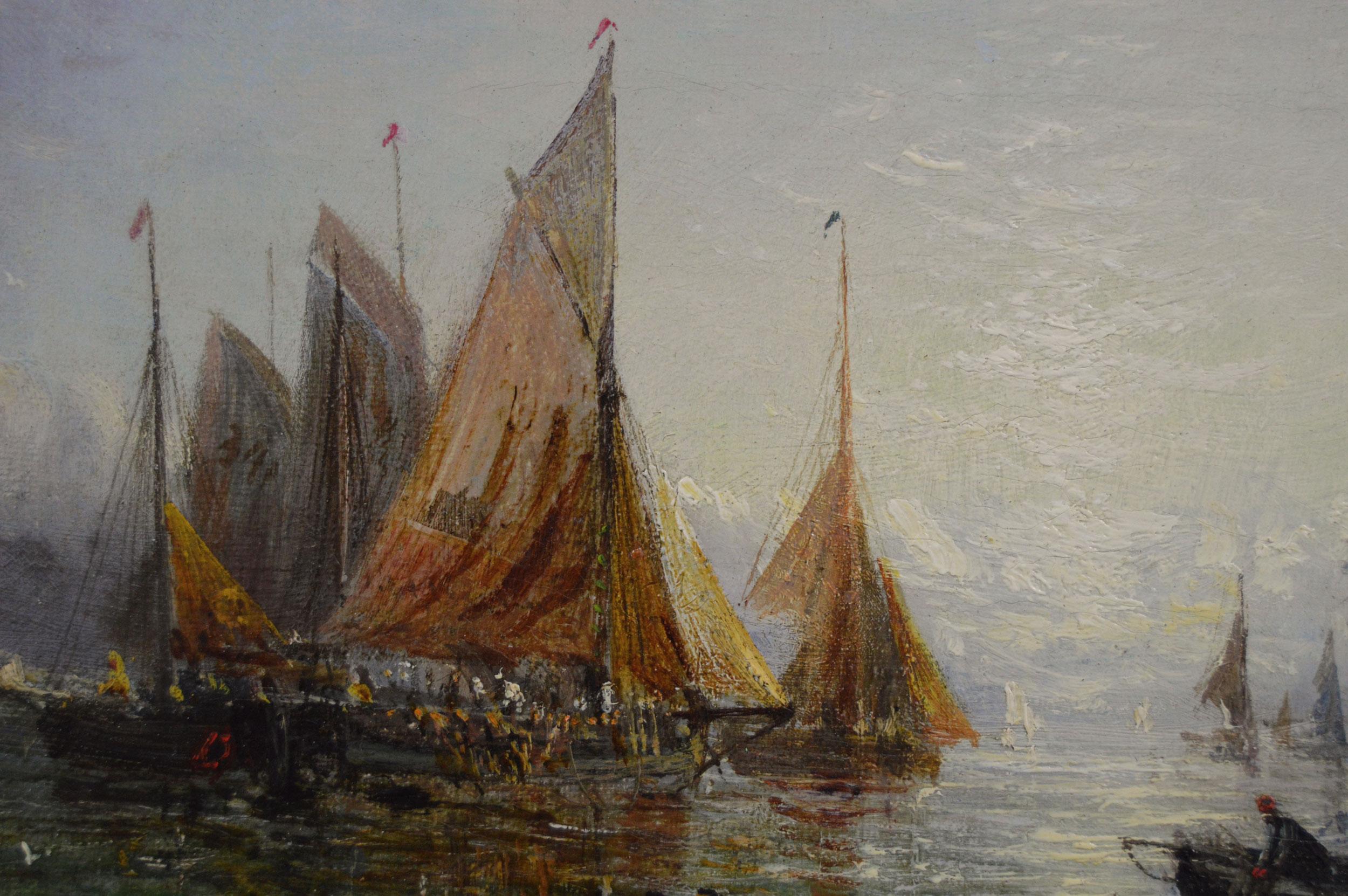 **NOTA: CADA CUADRO, INCLUIDO EL MARCO, MIDE 9,75 X 12,75 PULGADAS**.

Adolphus Knell
Británico, (n.1849, fl.1870-1890)
Envío por la mañana y envío por la tarde
Óleo sobre lienzo, pareja, ambos firmados 
Tamaño de la imagen: 5,5 pulgadas x 8,5