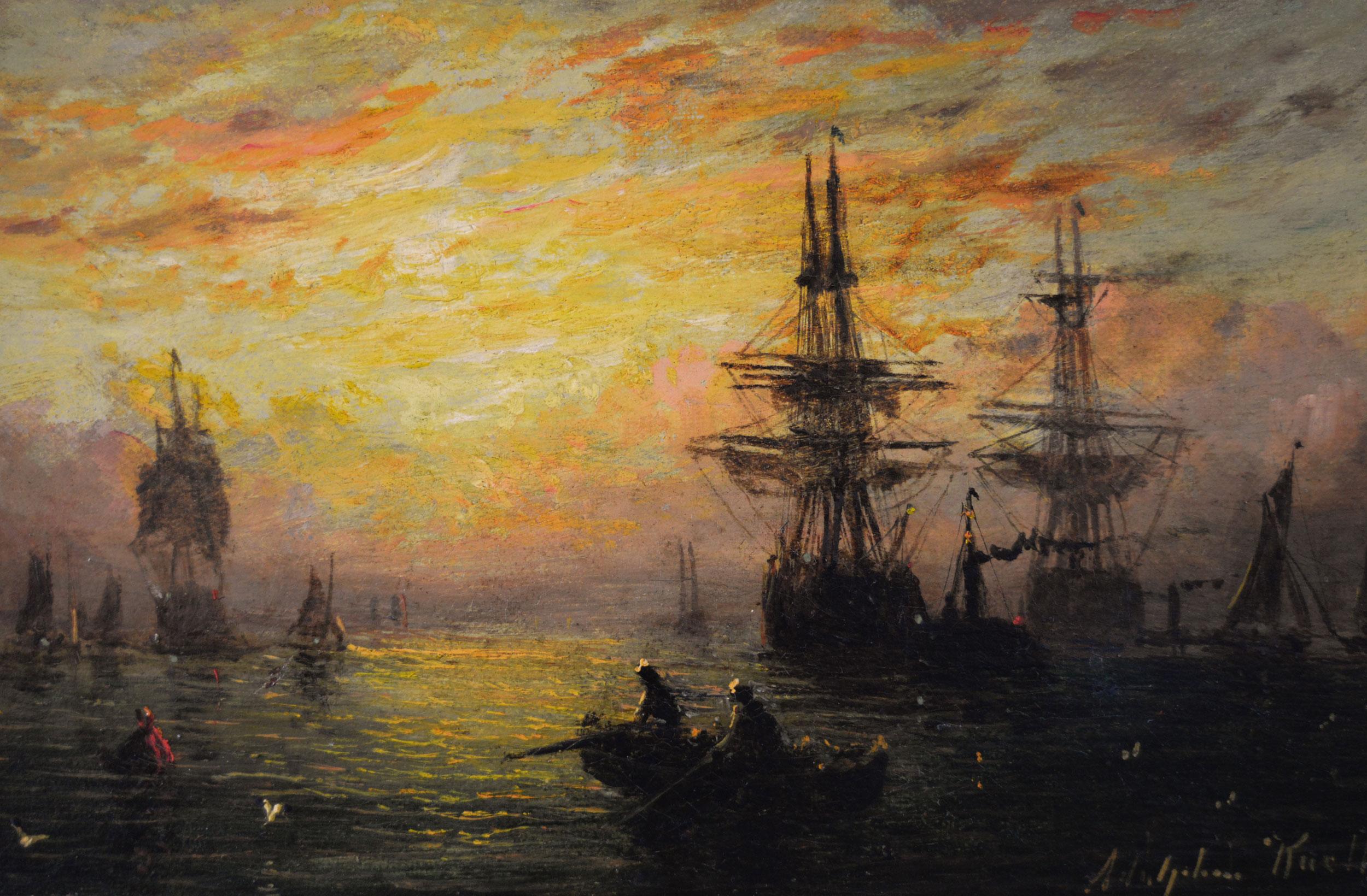 Paire de peintures à l'huile de paysages marins du 19e siècle représentant des navires à l'ancre  en vente 3