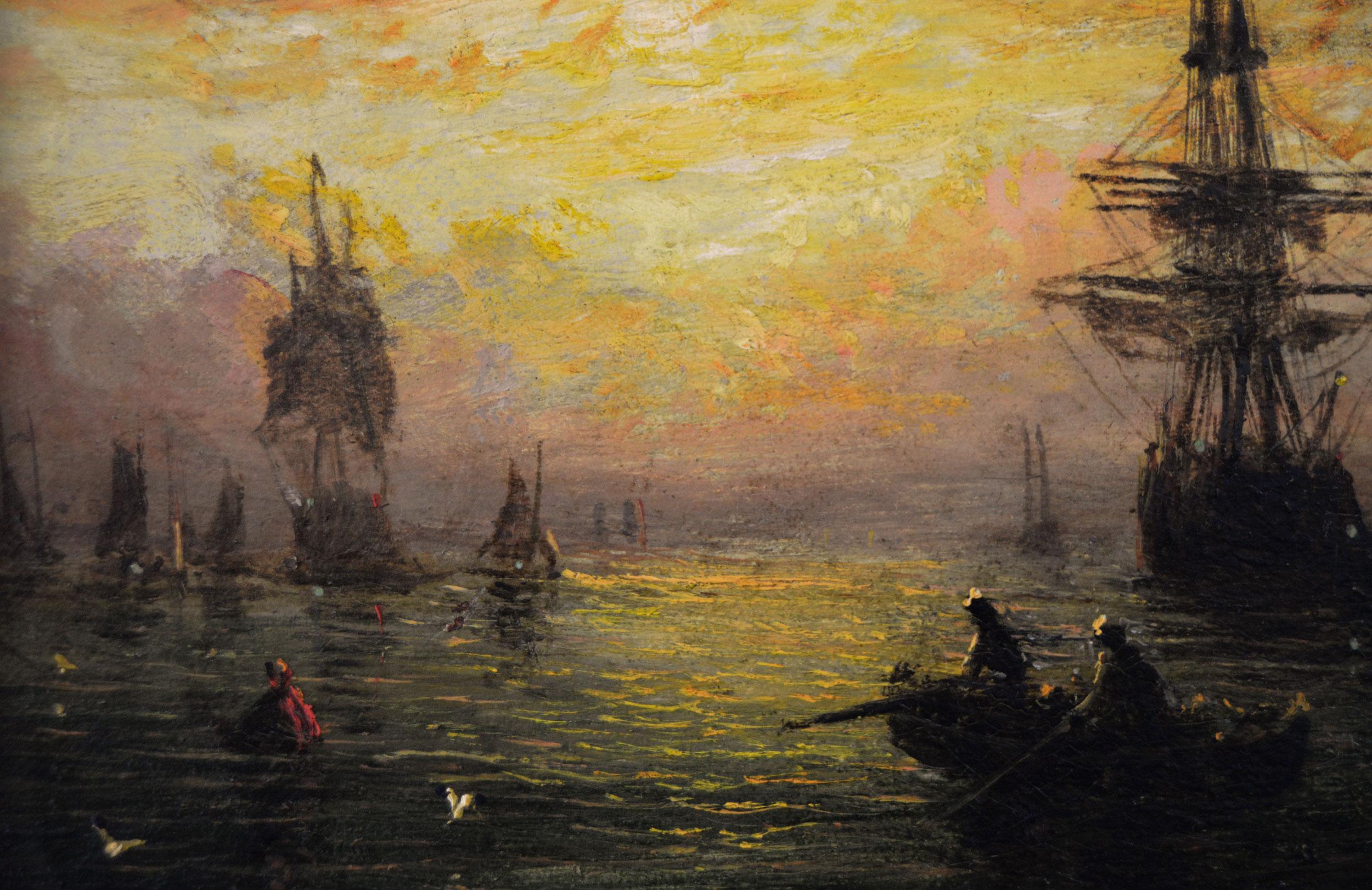 Paire de peintures à l'huile de paysages marins du 19e siècle représentant des navires à l'ancre  en vente 4
