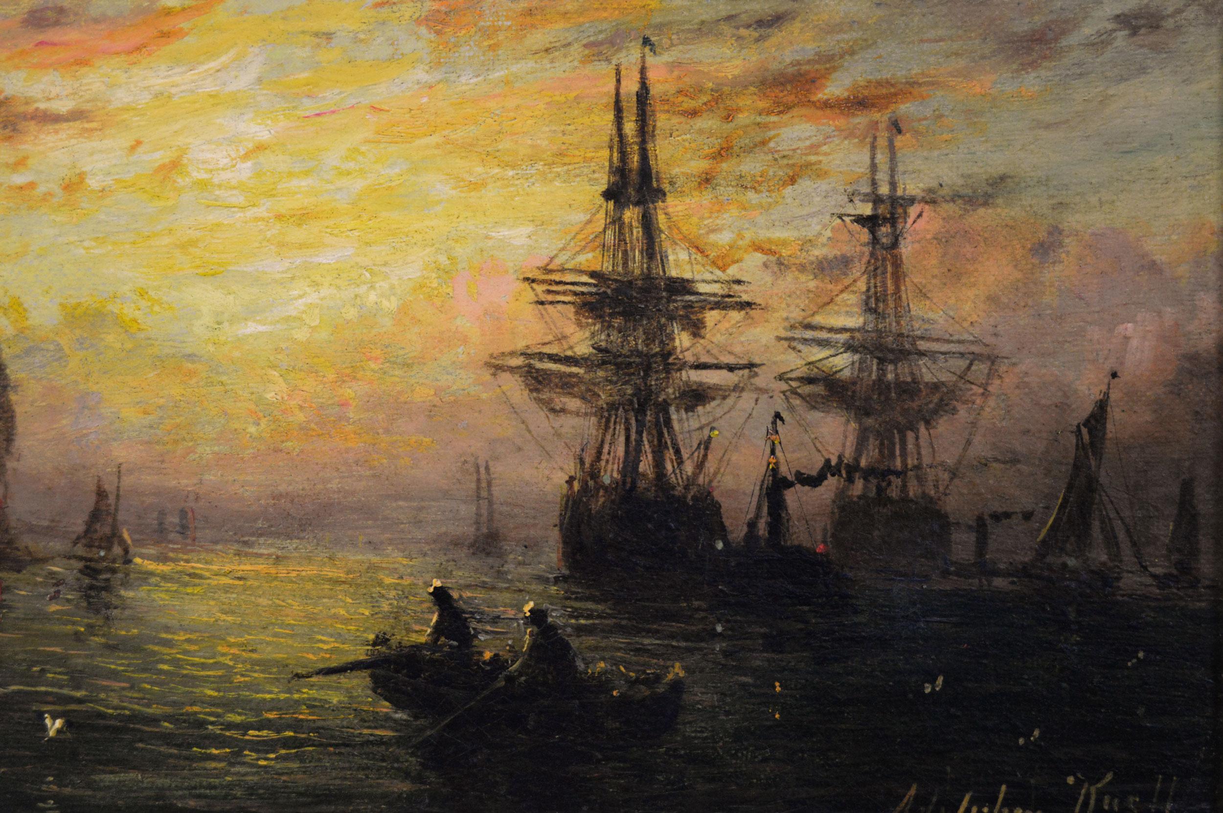 Paire de peintures à l'huile de paysages marins du 19e siècle représentant des navires à l'ancre  en vente 5
