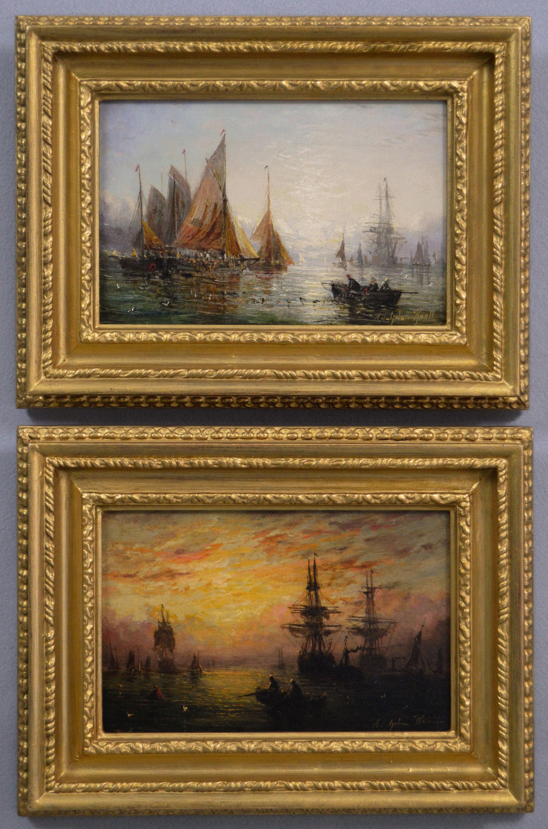 Landscape Painting Adolphus Knell - Paire de peintures à l'huile de paysages marins du 19e siècle représentant des navires à l'ancre 