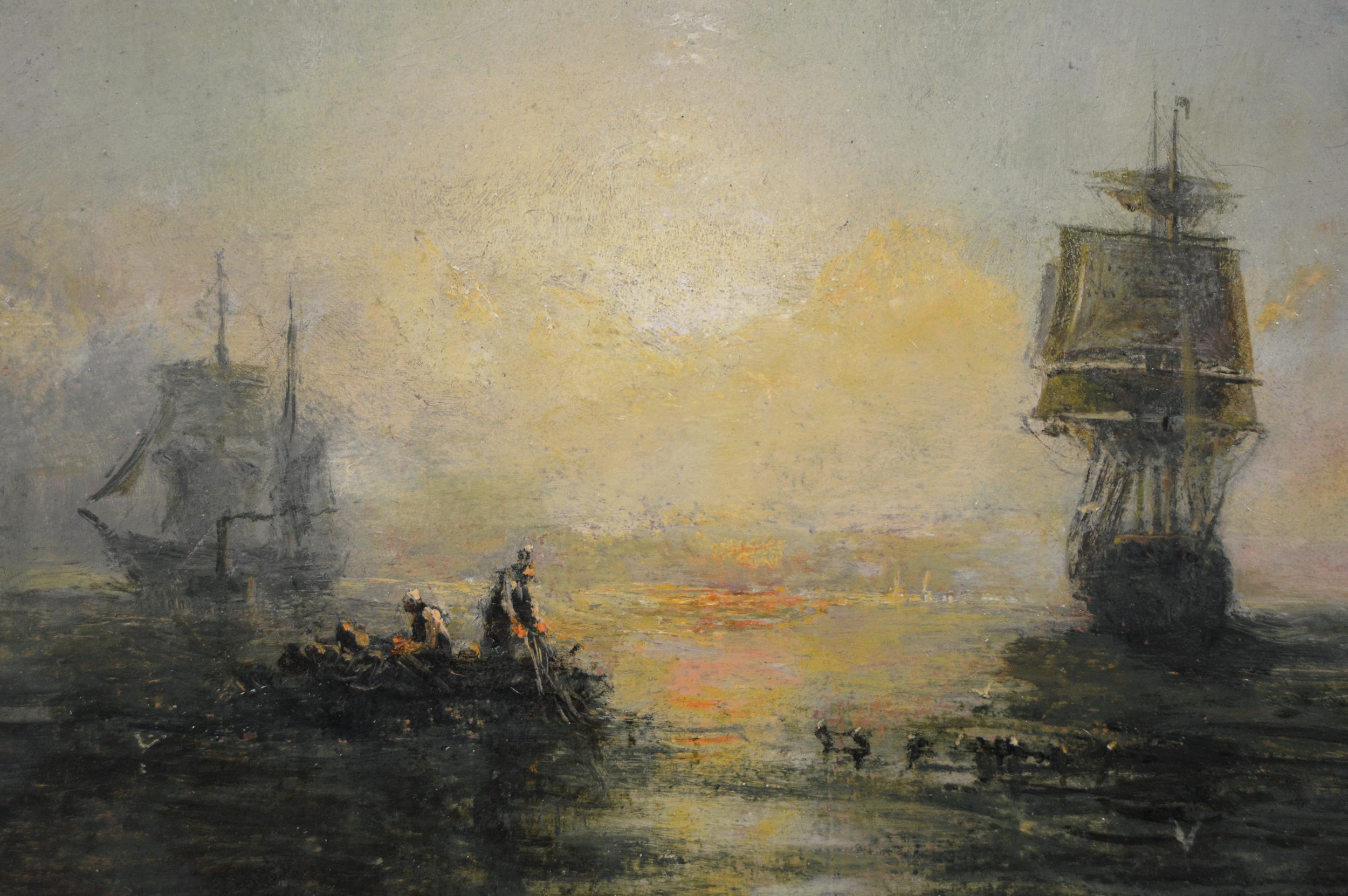 Paire de peintures à l'huile de paysages marins du XIXe siècle représentant des navires et des bateaux de pêche  1