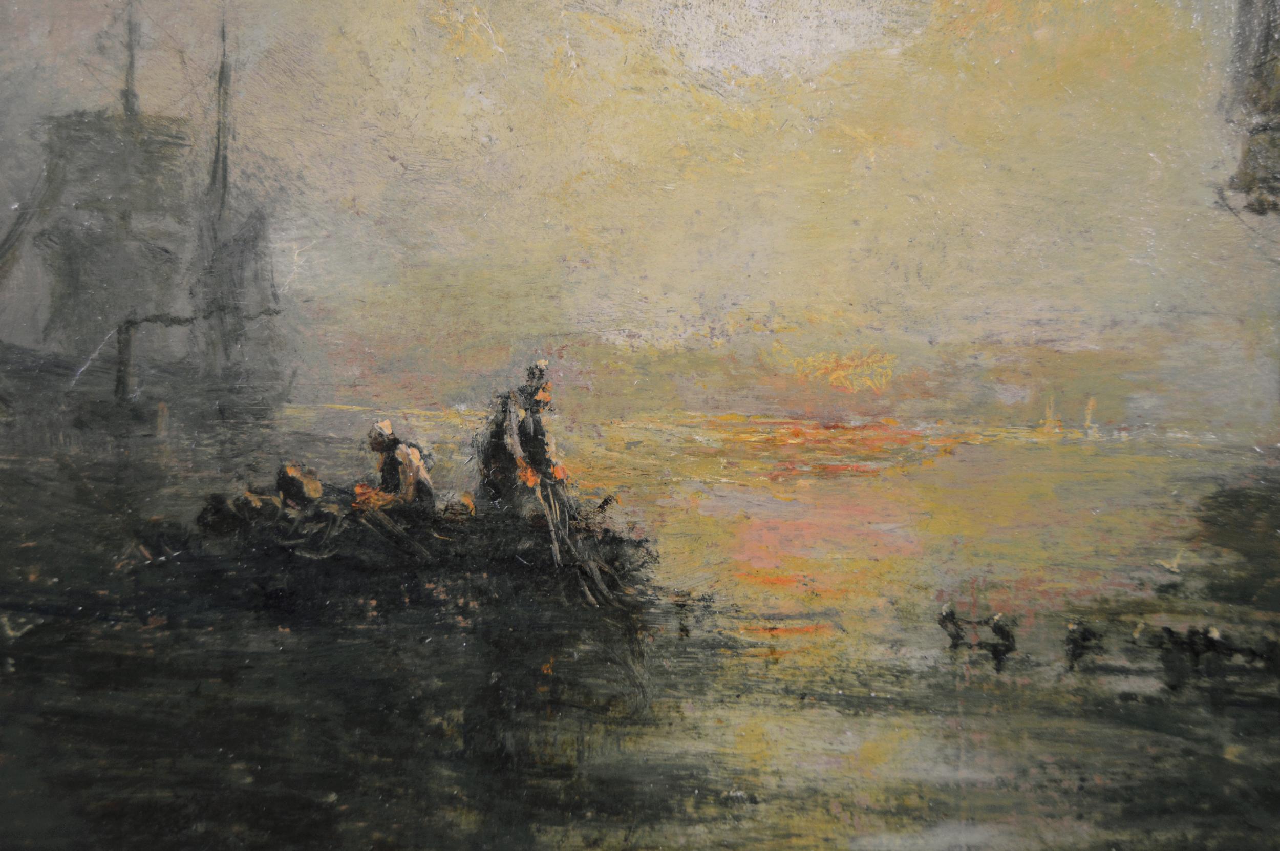 Paire de peintures à l'huile de paysages marins du XIXe siècle représentant des navires et des bateaux de pêche  2