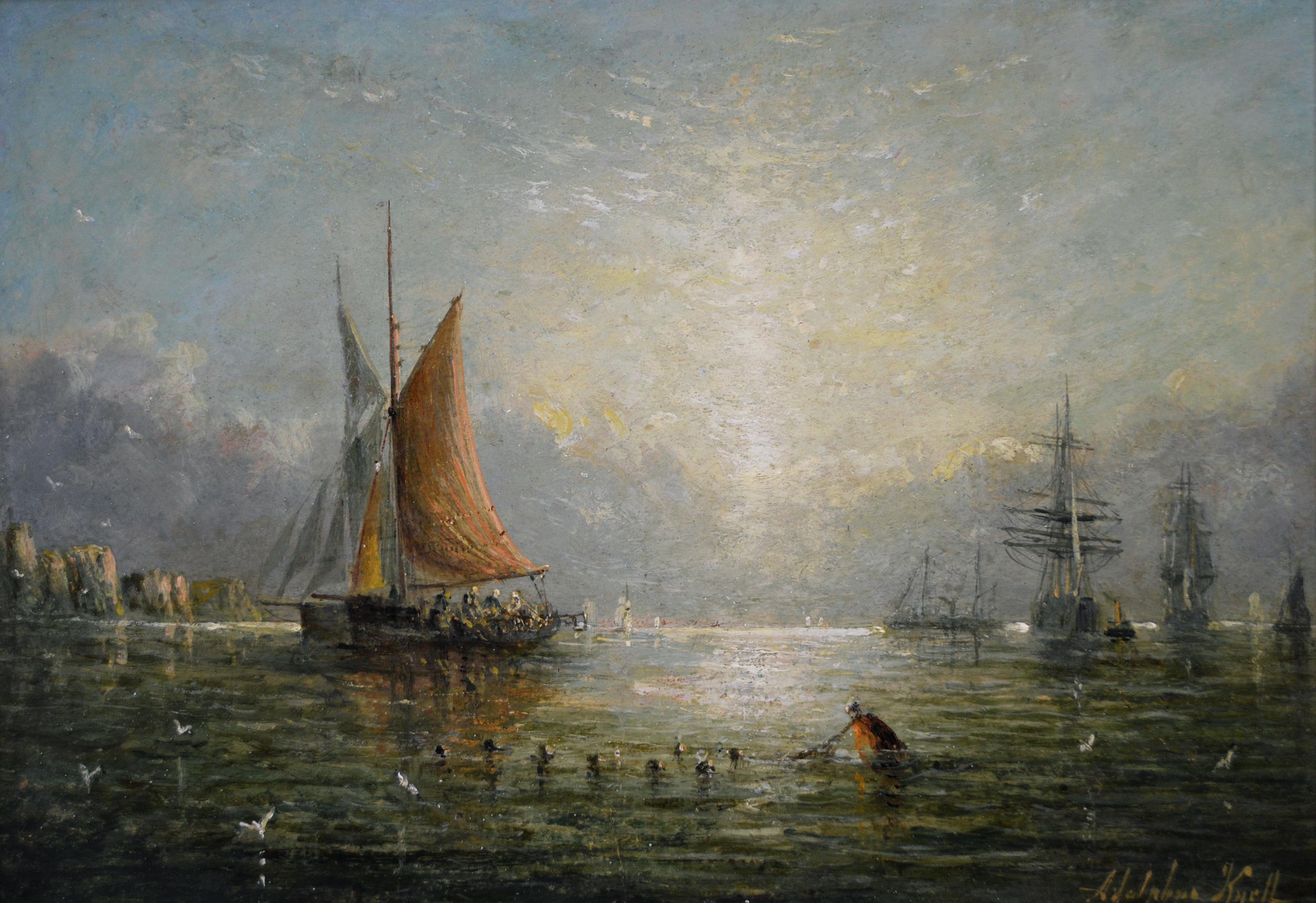 Pair of 19th Century seascape oil paintings of ships & fishing boats  - Painting by Adolphus Knell