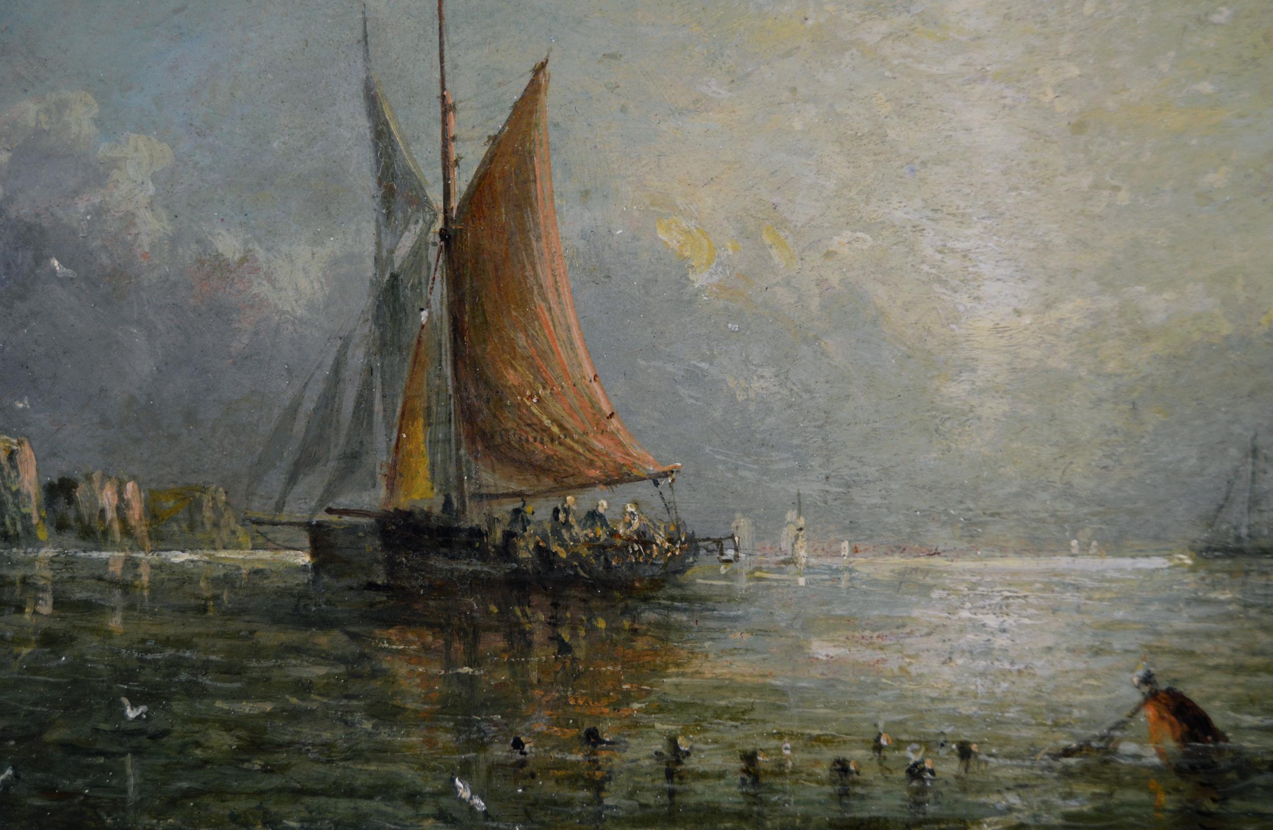 Paire de peintures à l'huile de paysages marins du XIXe siècle représentant des navires et des bateaux de pêche  - Victorien Painting par Adolphus Knell