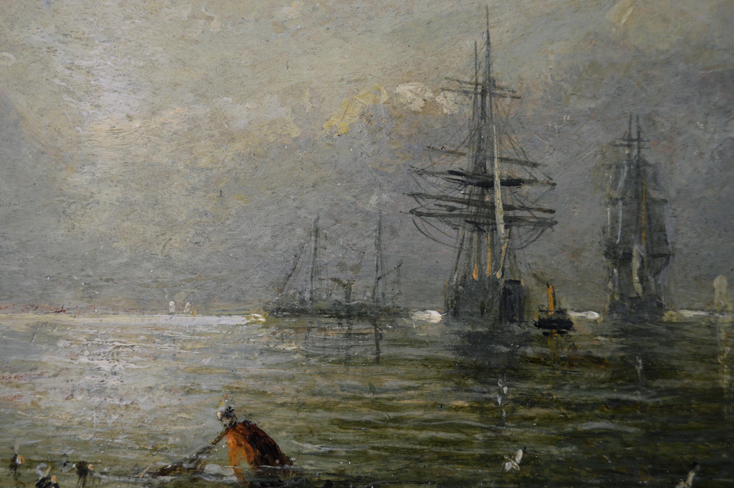 Paire de peintures à l'huile de paysages marins du XIXe siècle représentant des navires et des bateaux de pêche  3