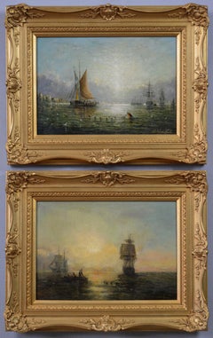 Paire de peintures à l'huile de paysages marins du XIXe siècle représentant des navires et des bateaux de pêche 