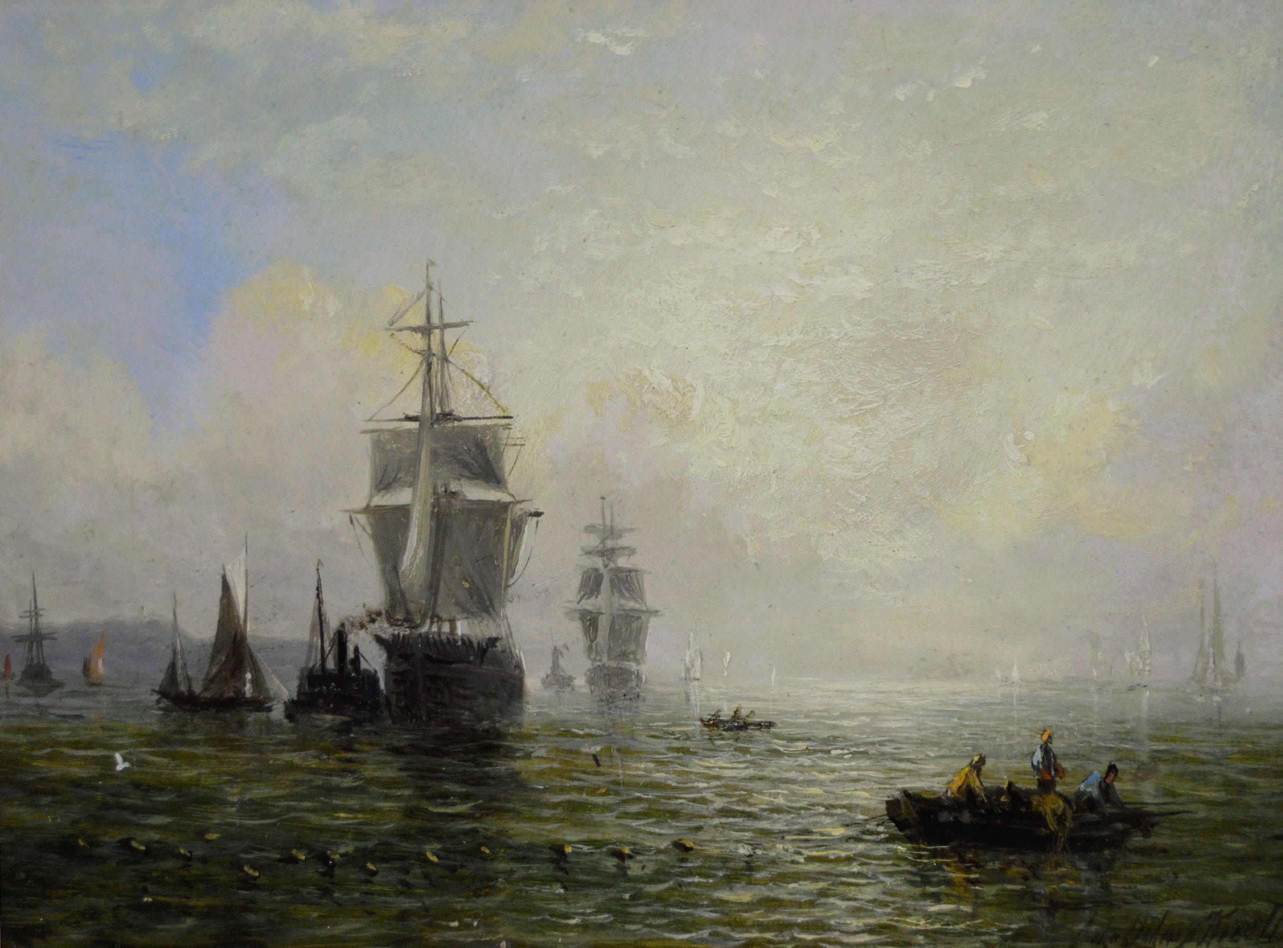 Zwei Ölgemälde von Schiffen am Morgen und bei Sonnenuntergang aus dem 19. – Painting von Adolphus Knell