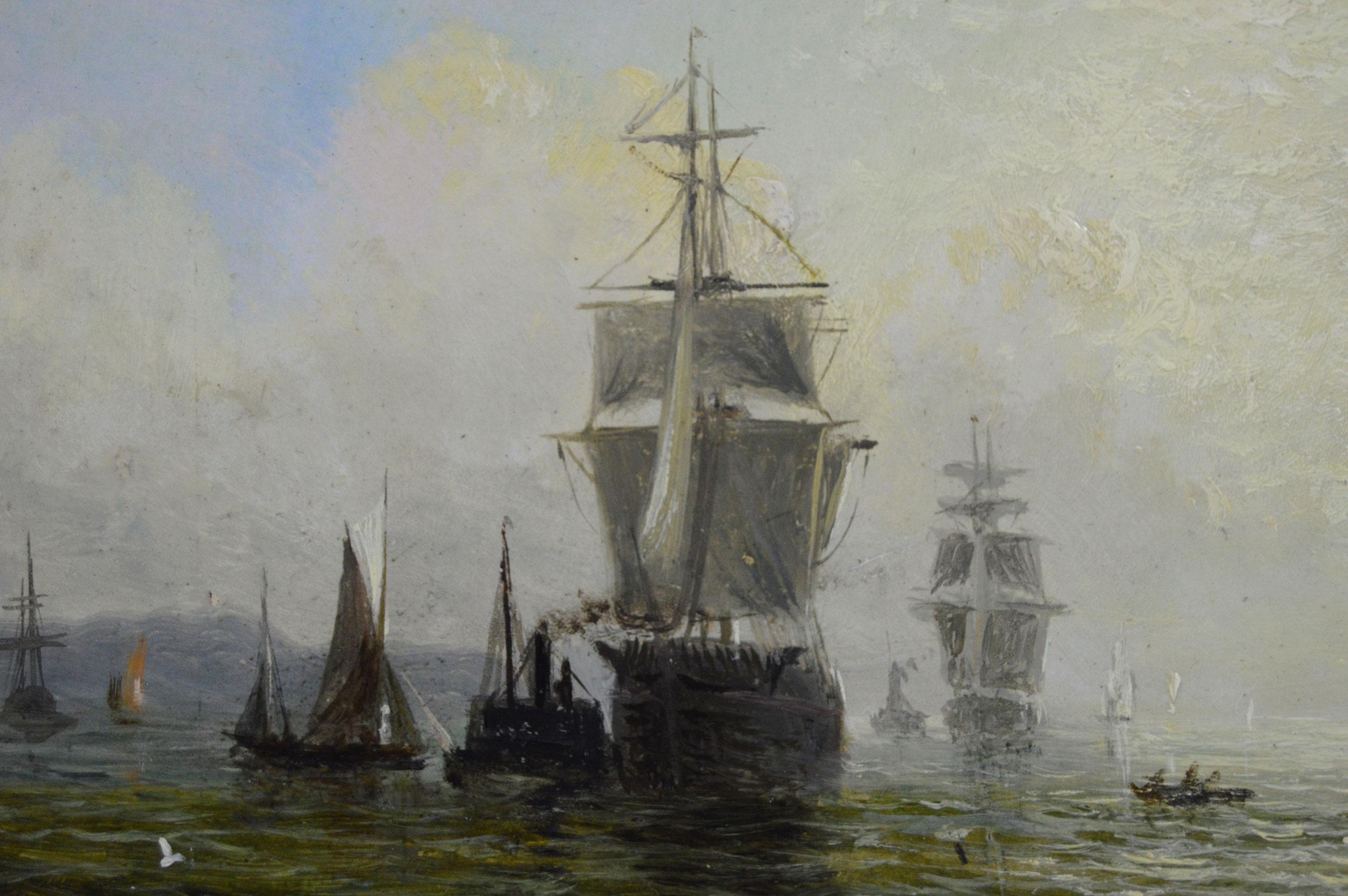 Zwei Ölgemälde von Schiffen am Morgen und bei Sonnenuntergang aus dem 19. (Viktorianisch), Painting, von Adolphus Knell